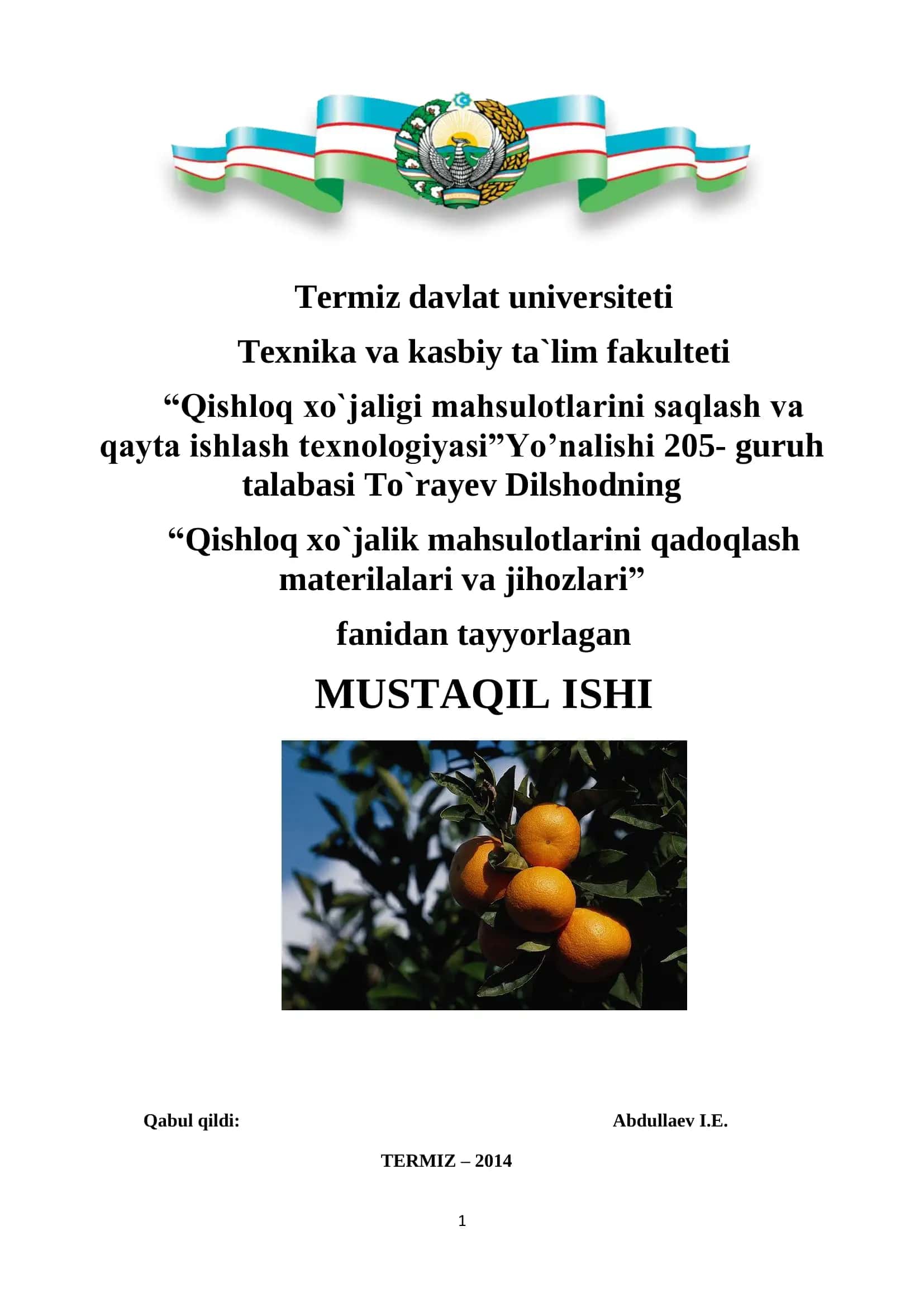 Qishloq xo`jaligi mahsulotlarini saqlash va qayta ishlash texnologiyasi 1
