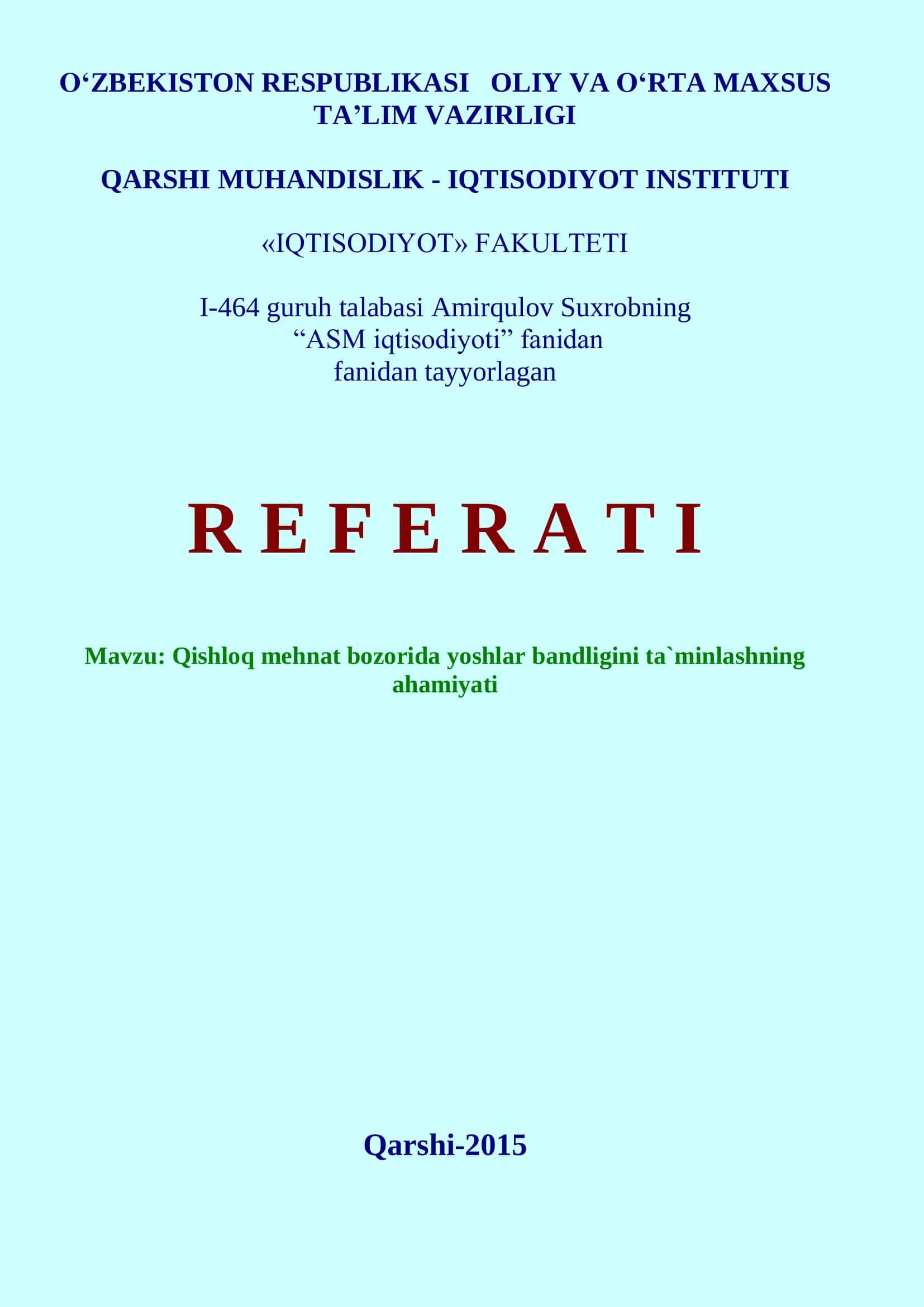 Qishloq mehnat bozorida yoshlar bandligini ta`minlashning ahamiyati 1
