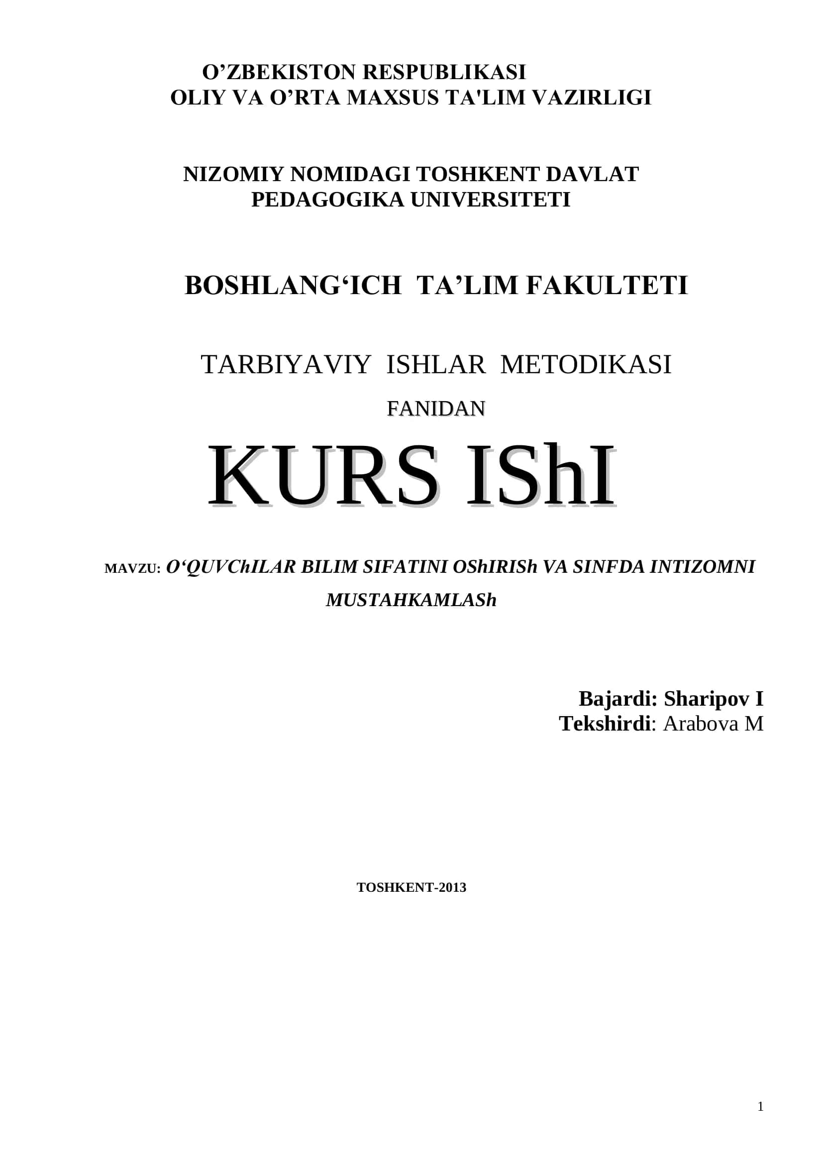 O‘QUVChILAR BILIM SIFATINI OShIRISh VA SINFDA INTIZOMNI MUSTAHKAMLASh 1