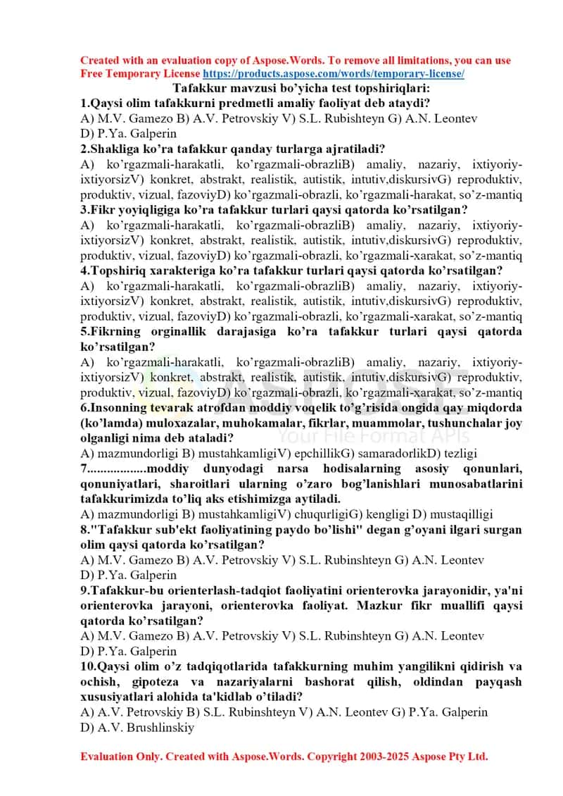 Tafakkur mavzusi bo’yicha test topshiriqlari 1