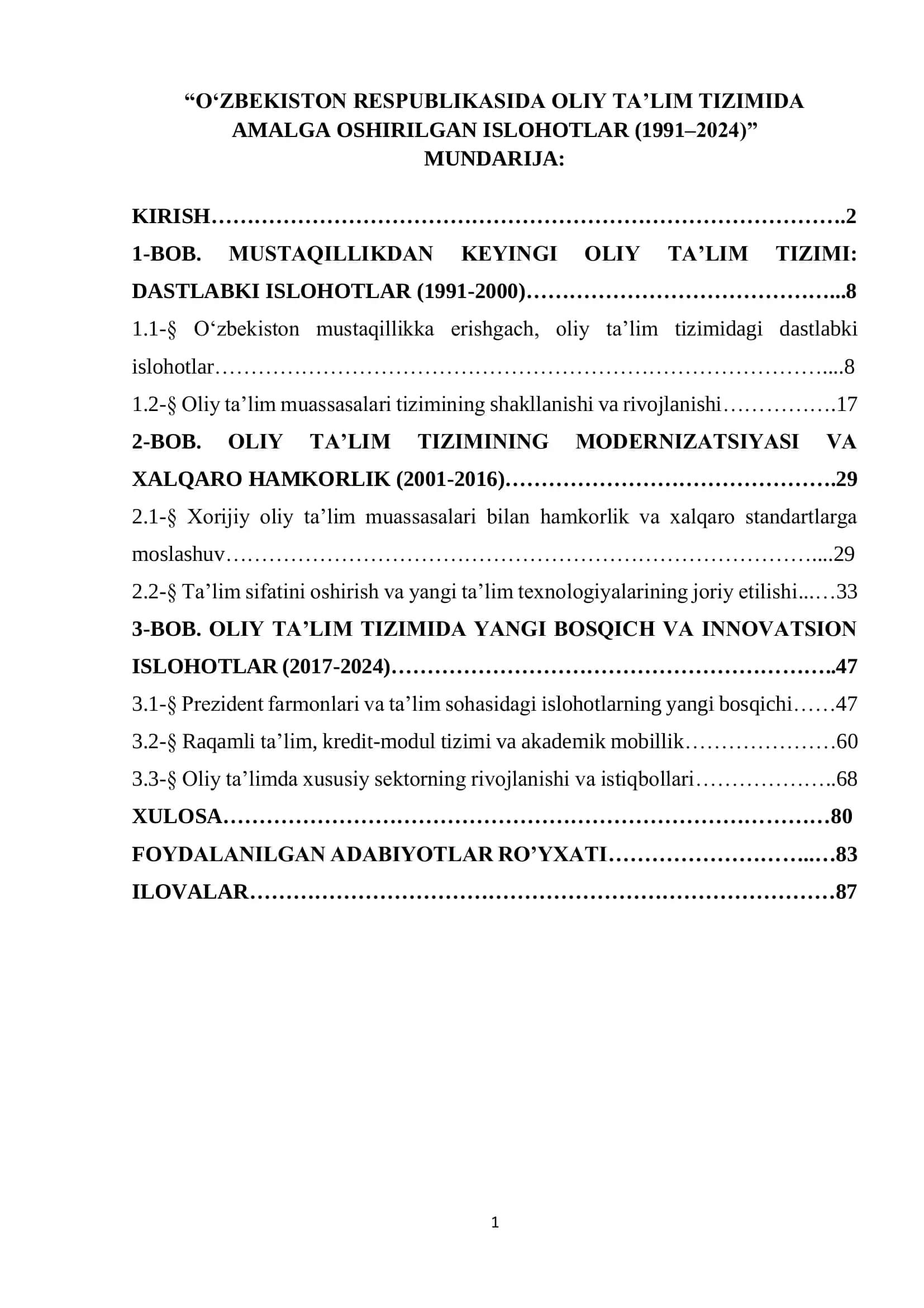 O‘ZBEKISTON RESPUBLIKASIDA OLIY TA’LIM TIZIMIDA AMALGA OSHIRILGAN ISLOHOTLAR (1991– 2024) 1
