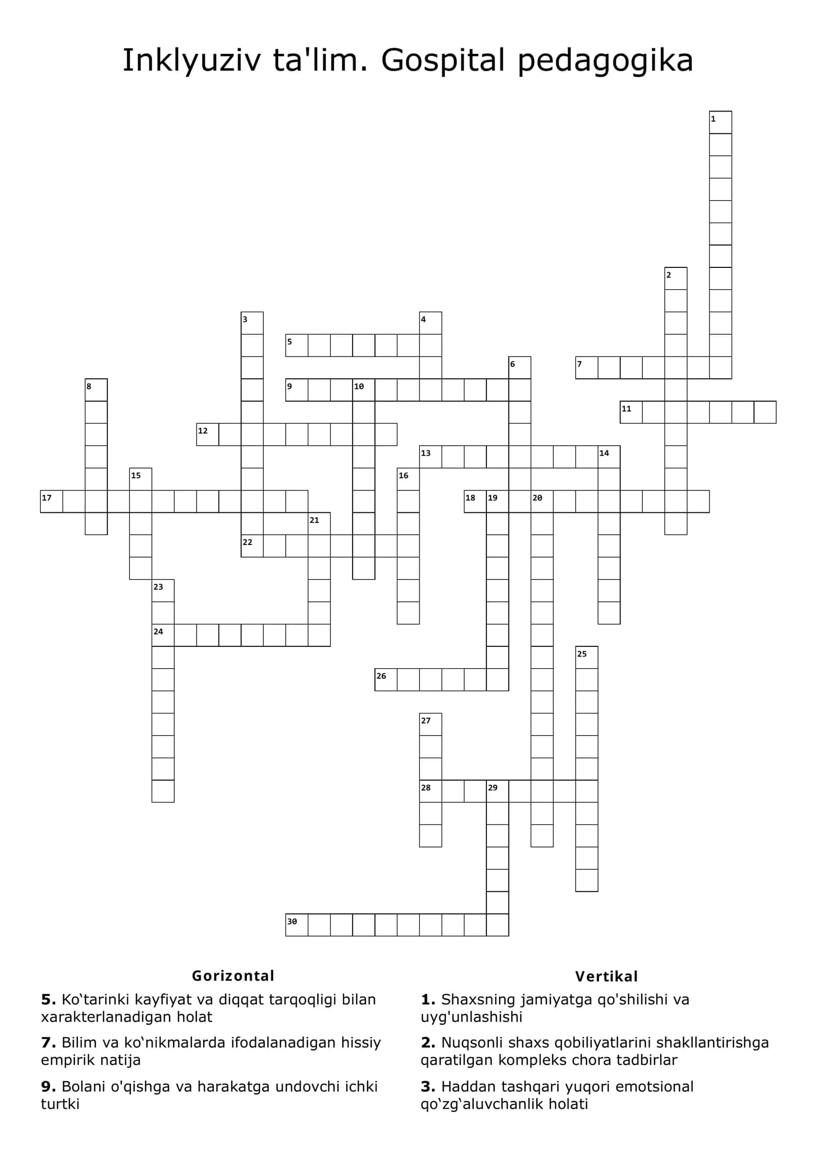Inklyuziv ta'lim. Gospital pedagogika. Krossword 1