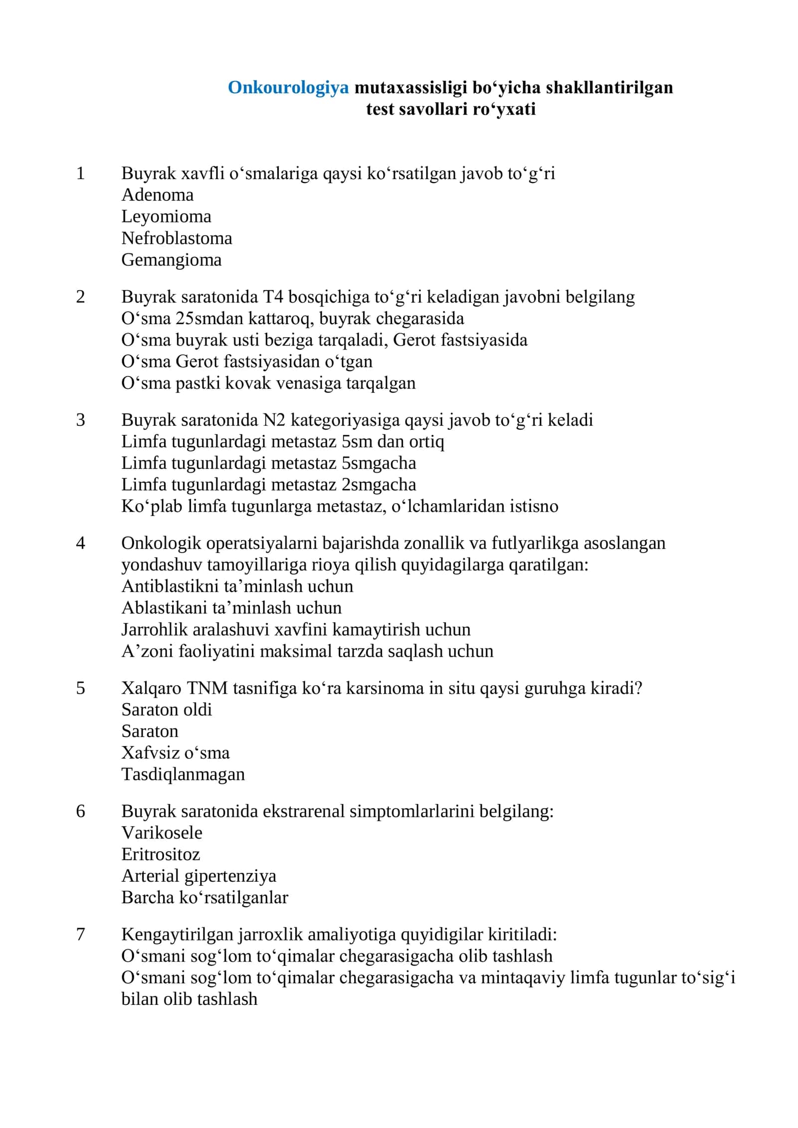 Onkourologiya mutaxassisligi boʻyicha shakllantirilgan test savollari roʻyxati 2026 1