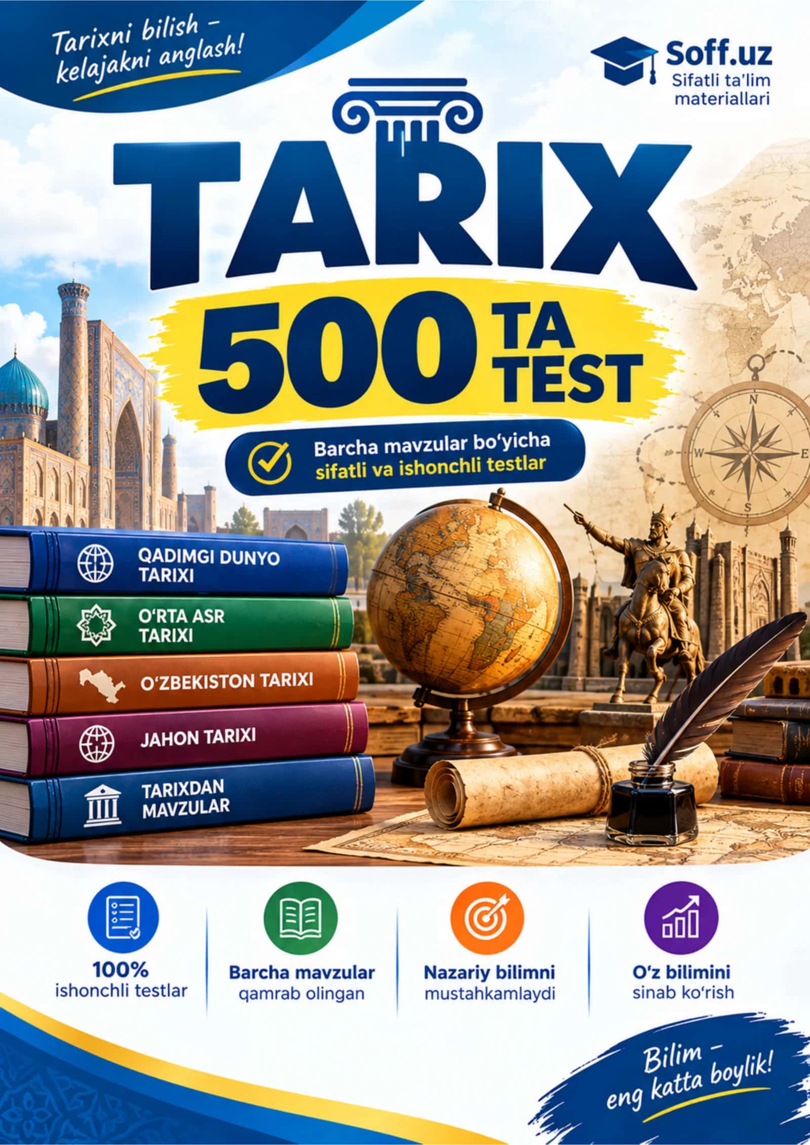 Tarix: 500 ta test — O‘zbekiston va jahon tarixi bo‘yicha test savollari 1