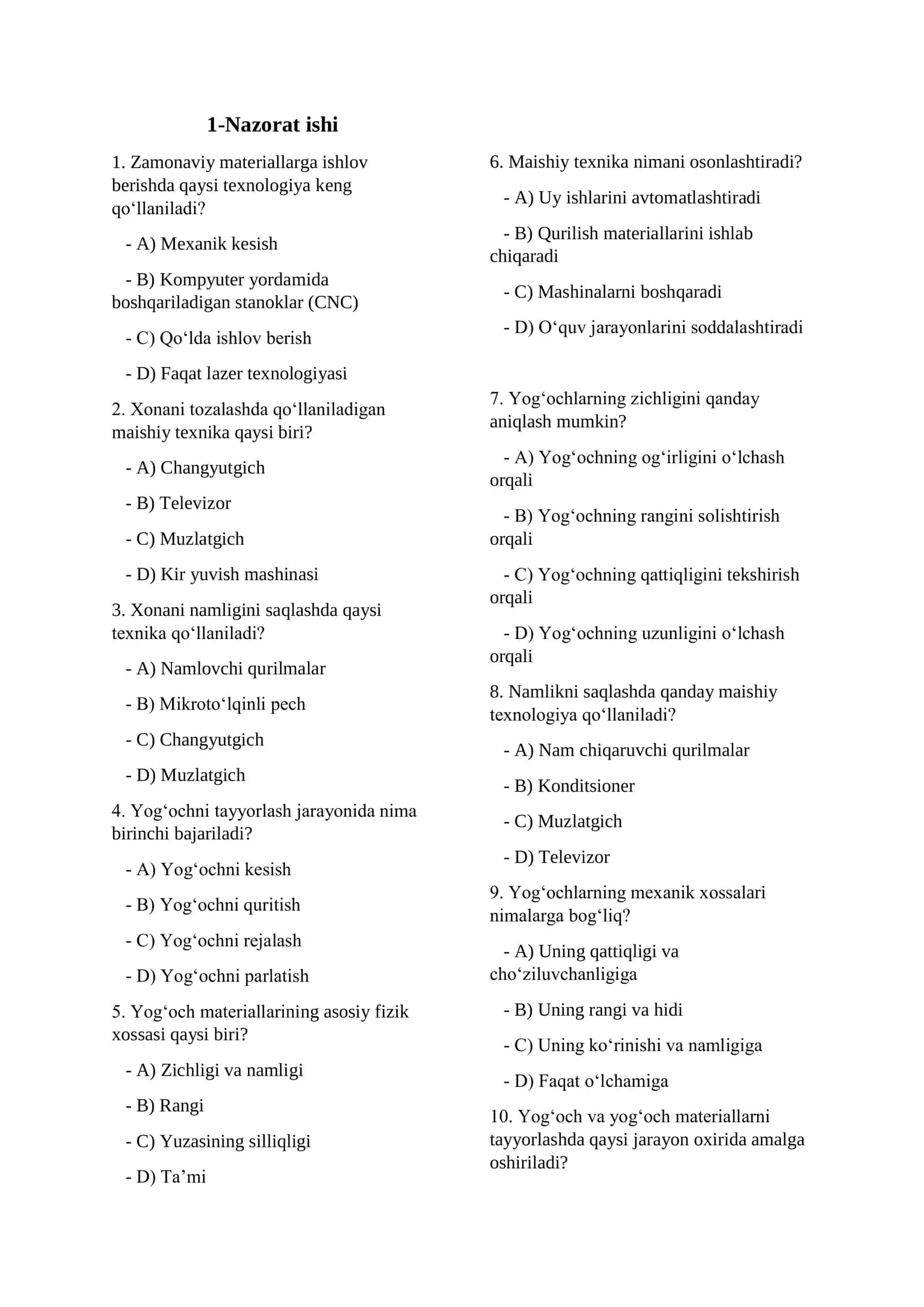 6-sinflar uchun Texnalogiya (Dizayn) Nazaorat ishi kitobchasi YANGI DARSLIK 1