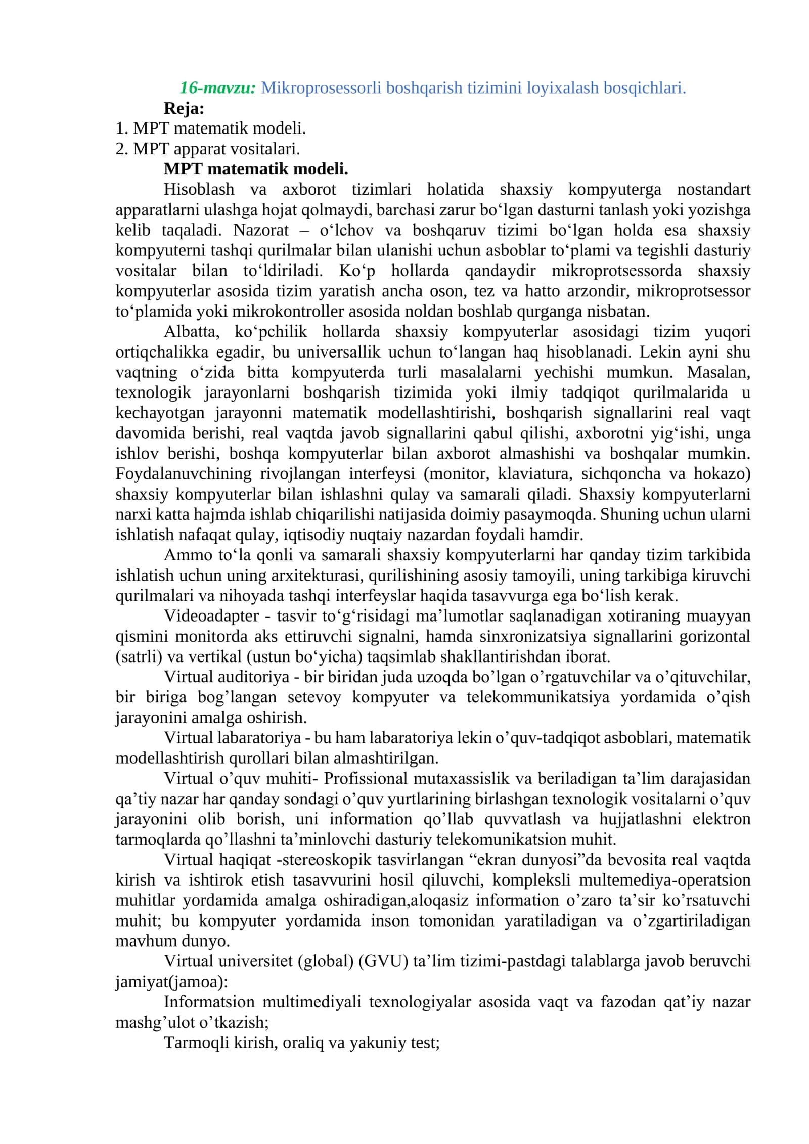 Mikroprosessorli boshqarish tizimini loyixalash bosqichlari 1