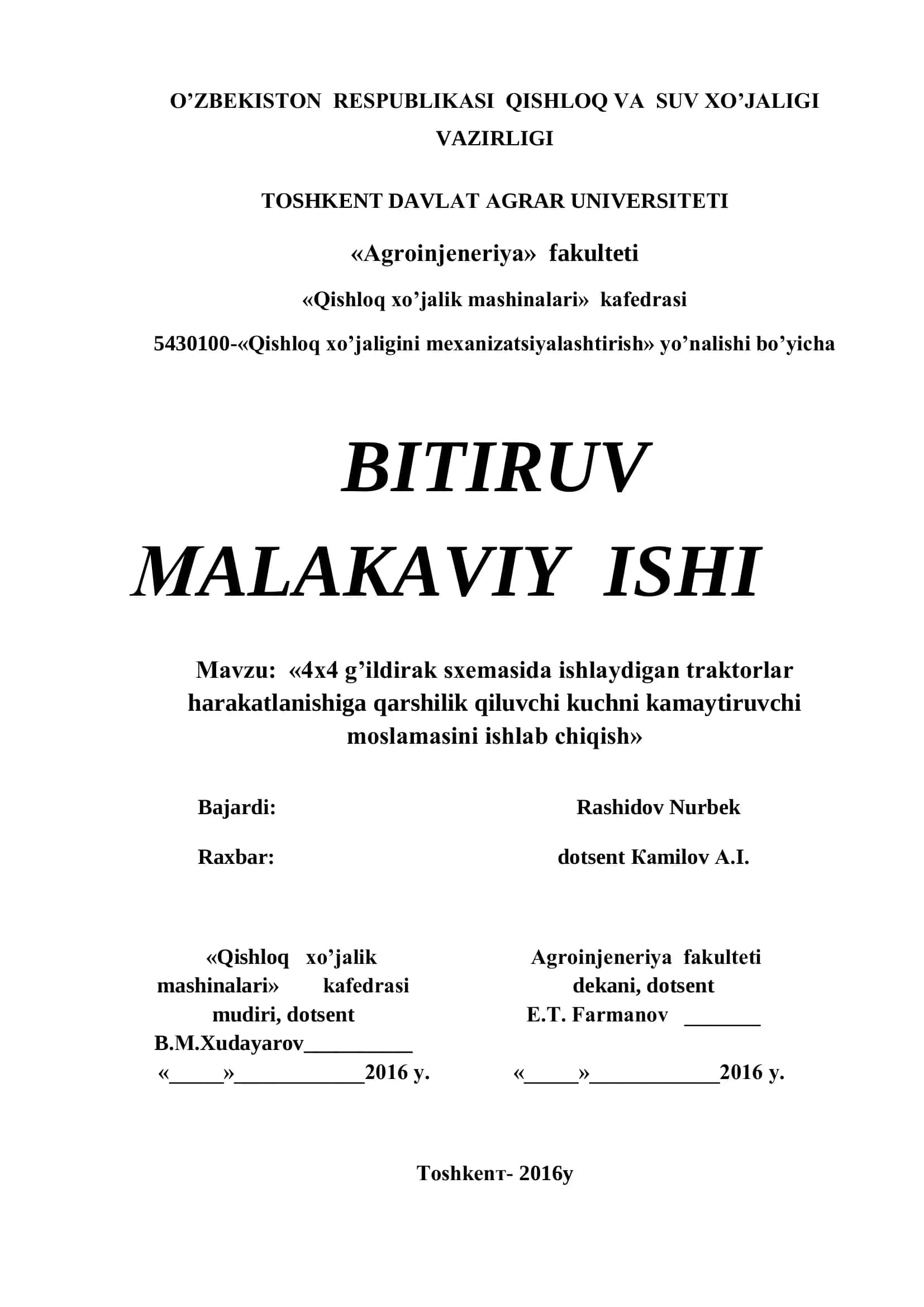4x4 g’ildirak sxemasida ishlaydigan traktorlar harakatlanishiga qarshilik qiluvchi kuchni kamaytiruvchi moslamasini ishlab chiqish 1