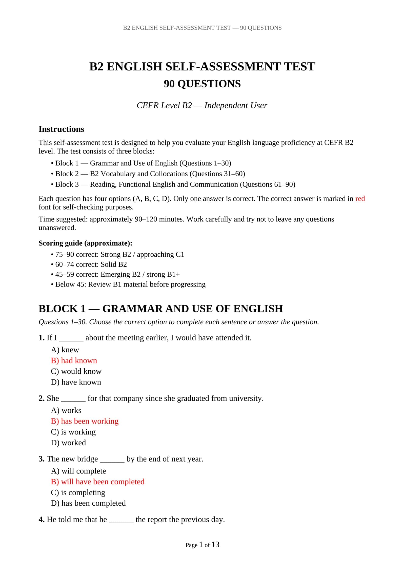 B2 ENGLISH SELF-ASSESSMENT TEST — 90 QUESTIONS 1