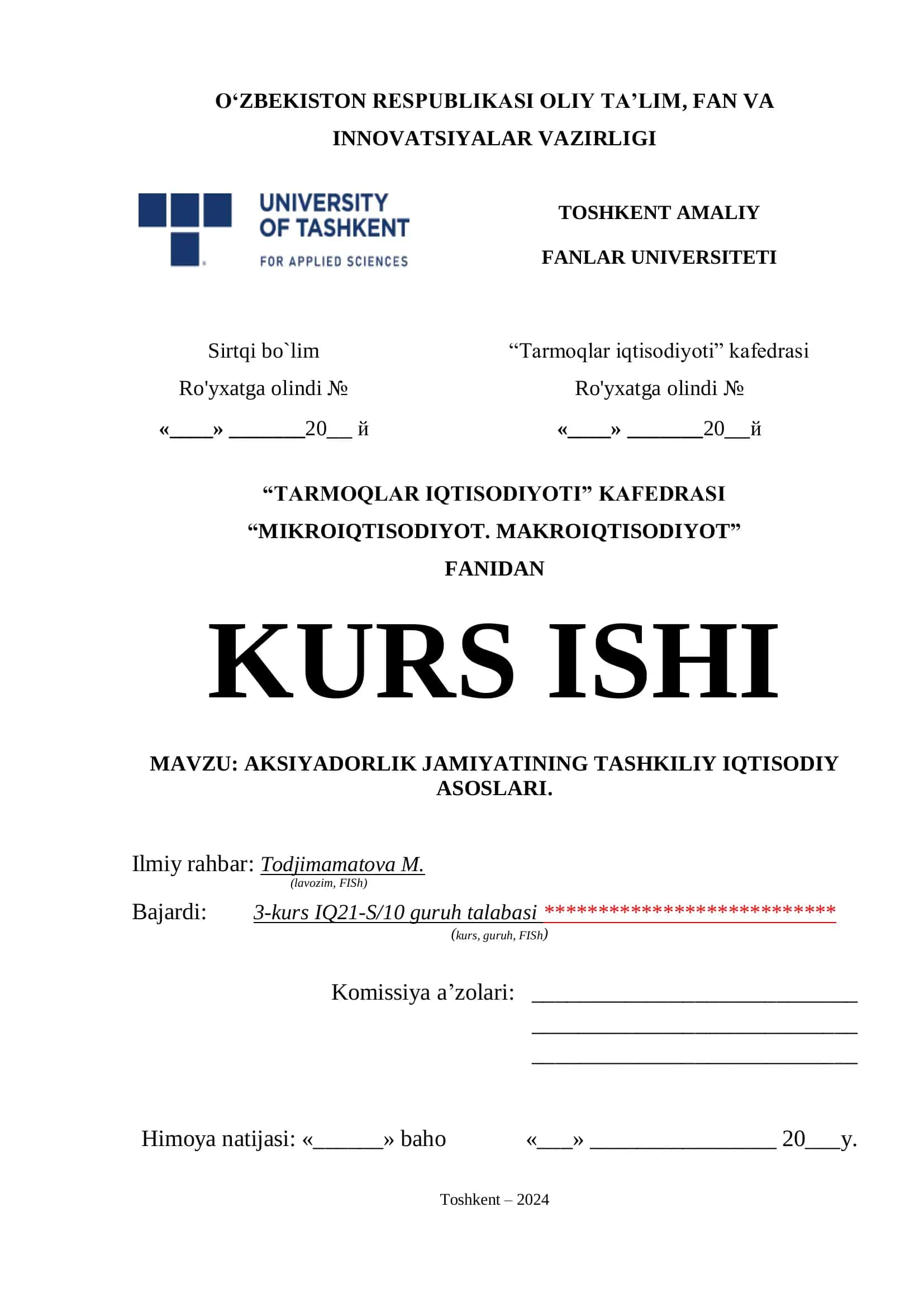 Kurs ishi AKSIYADORLIK JAMIYATINING TASHKILIY IQTISODIY  ASOSLARI. 1