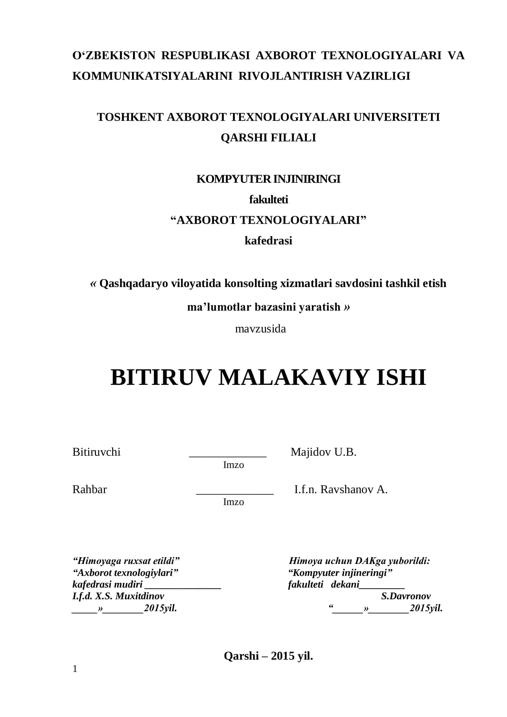 "Konsalting xizmatlar marketingi savdosini tashkil etish ma’lumotlar bazasini yaratish" 1