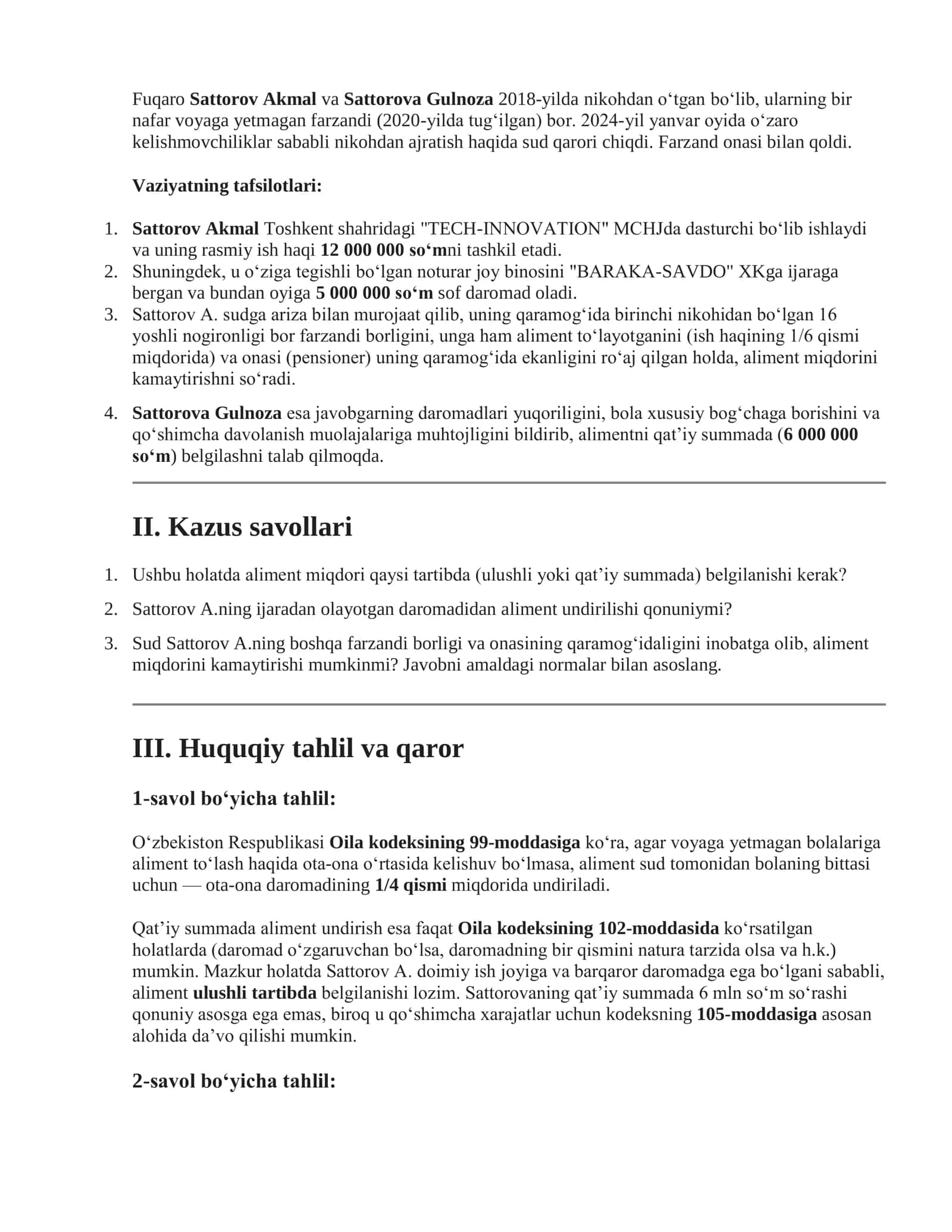 Fuqaro Sattorov Akmal va Sattorova Gulnoza nikohdan ajratish haqida sud qarori 1