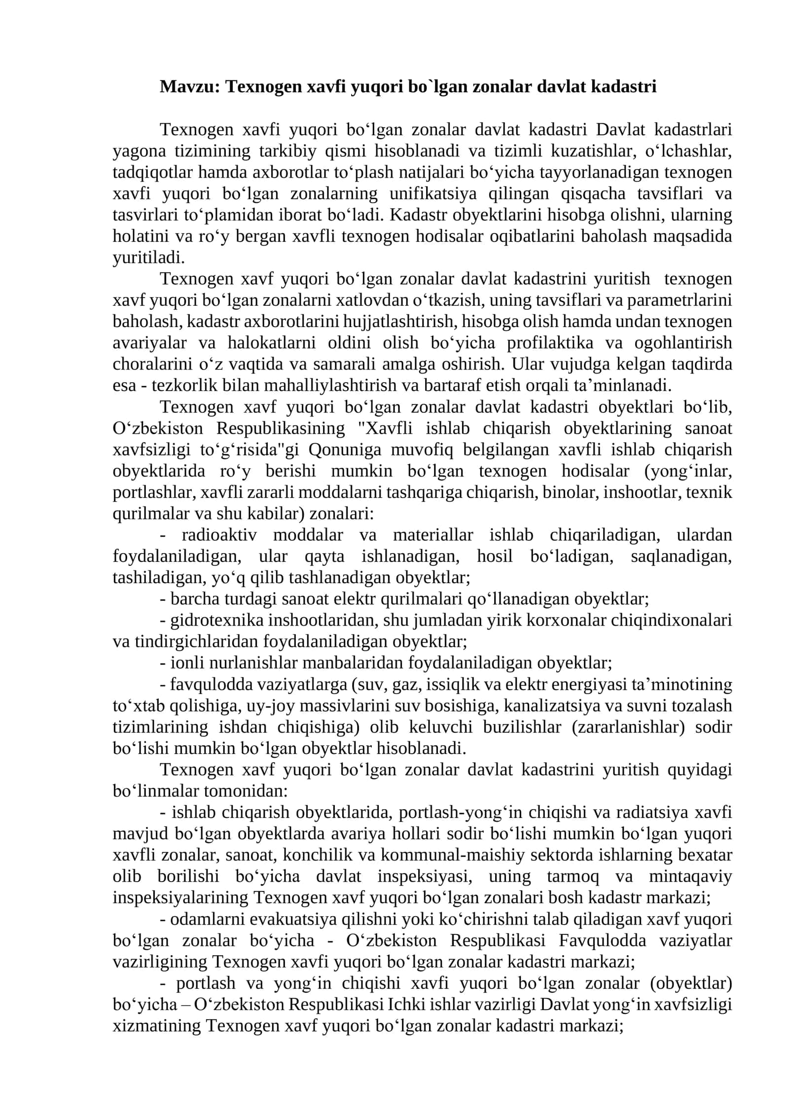 Texnogen xavfi yuqori bo`lgan zonalar davlat kadastri 1
