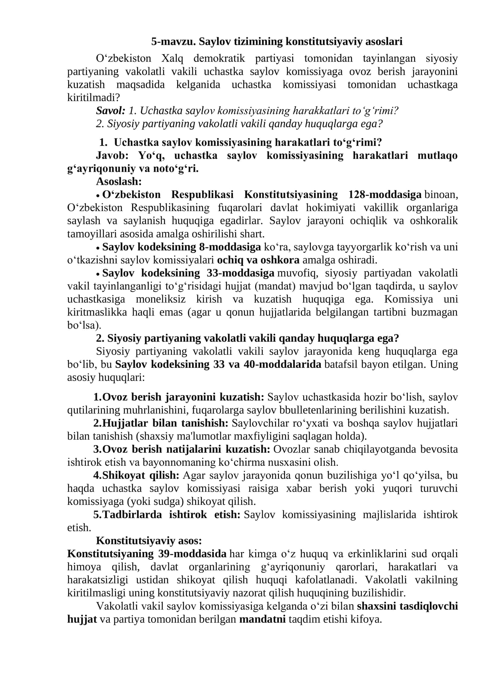 5-mavzu. Saylov tizimining konstitutsiyaviy asoslari 1