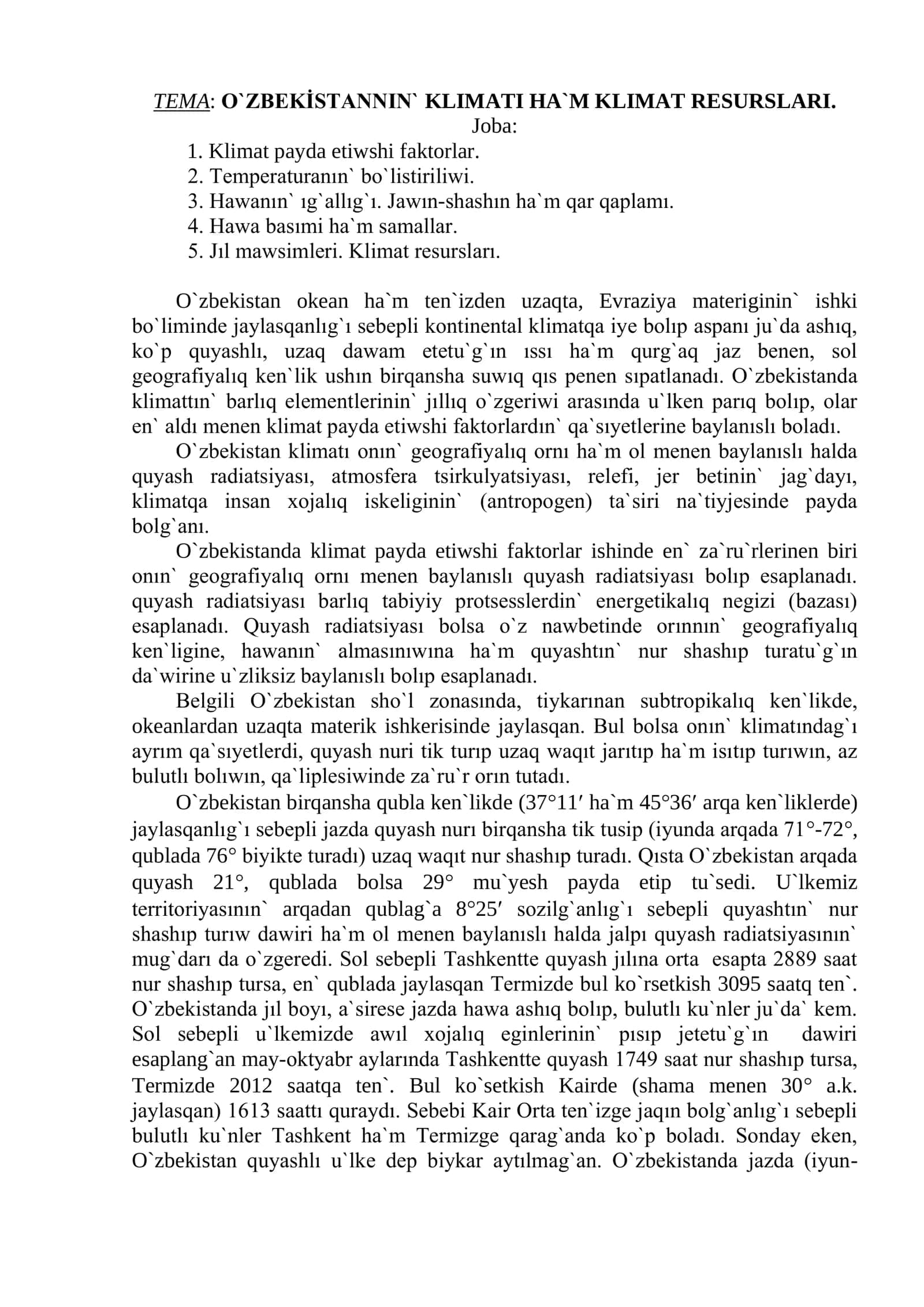 O`ZBEKİSTANNIN` KLIMATI HA`M KLIMAT RESURSLARI 1