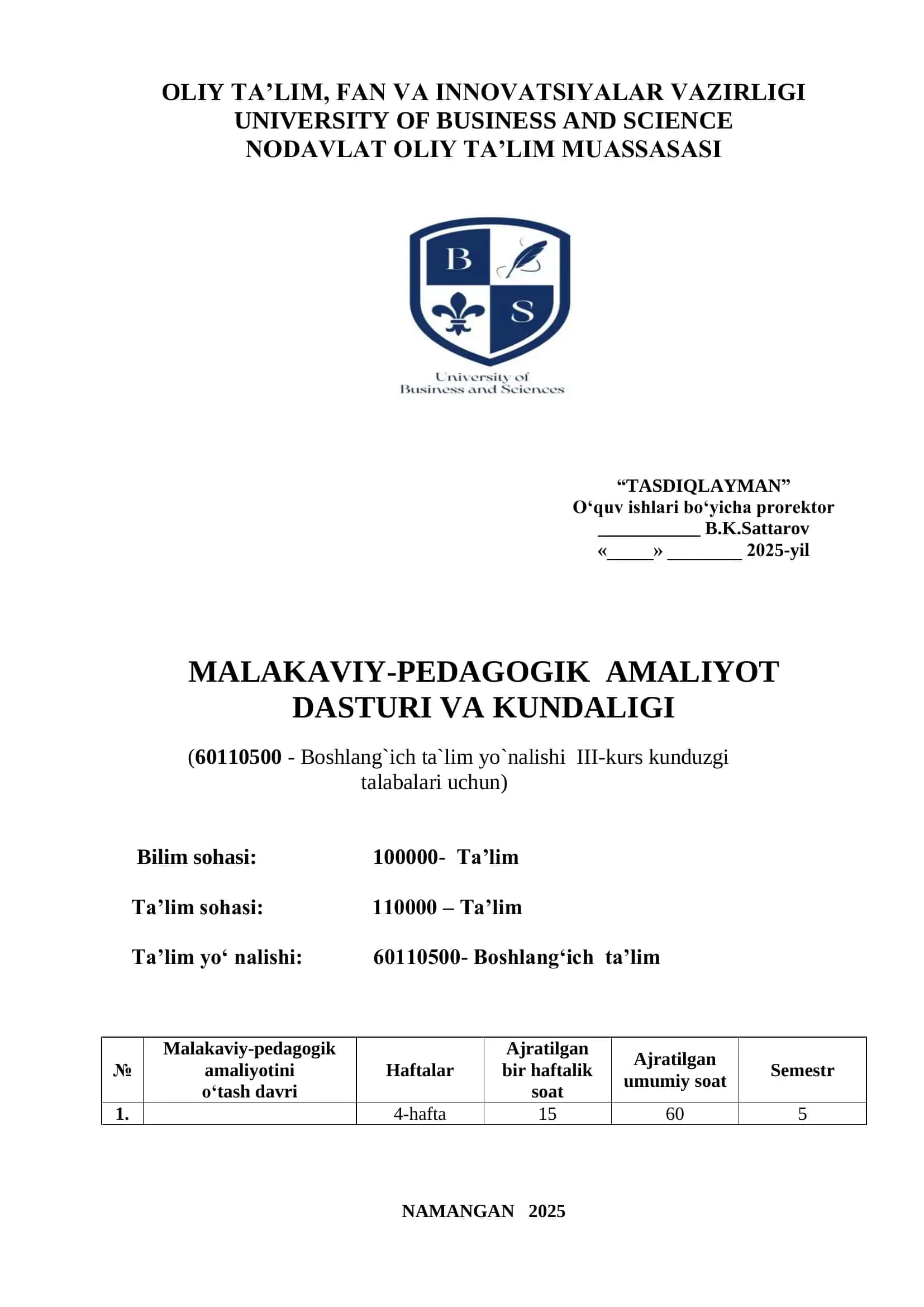 MALAKAVIY-PEDAGOGIK AMALIYOT DASTURI VA KUNDALIGI 1