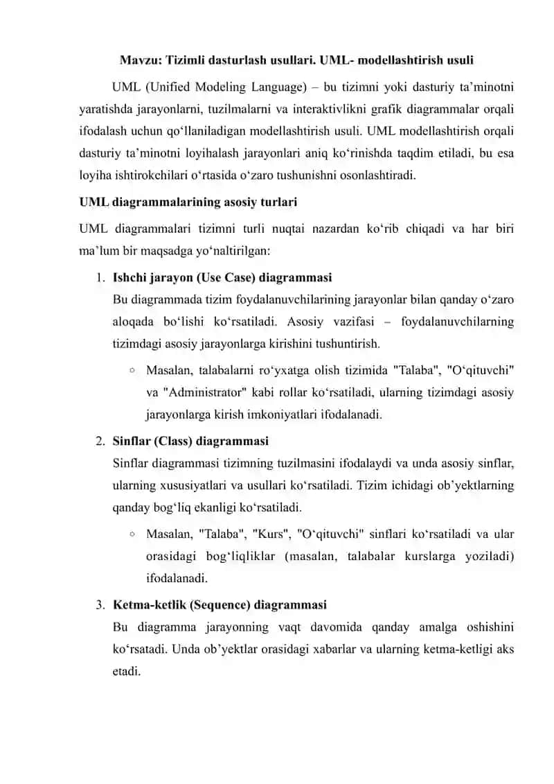 Tizimli dasturlash usullari. UML- modellashtirish usuli 1