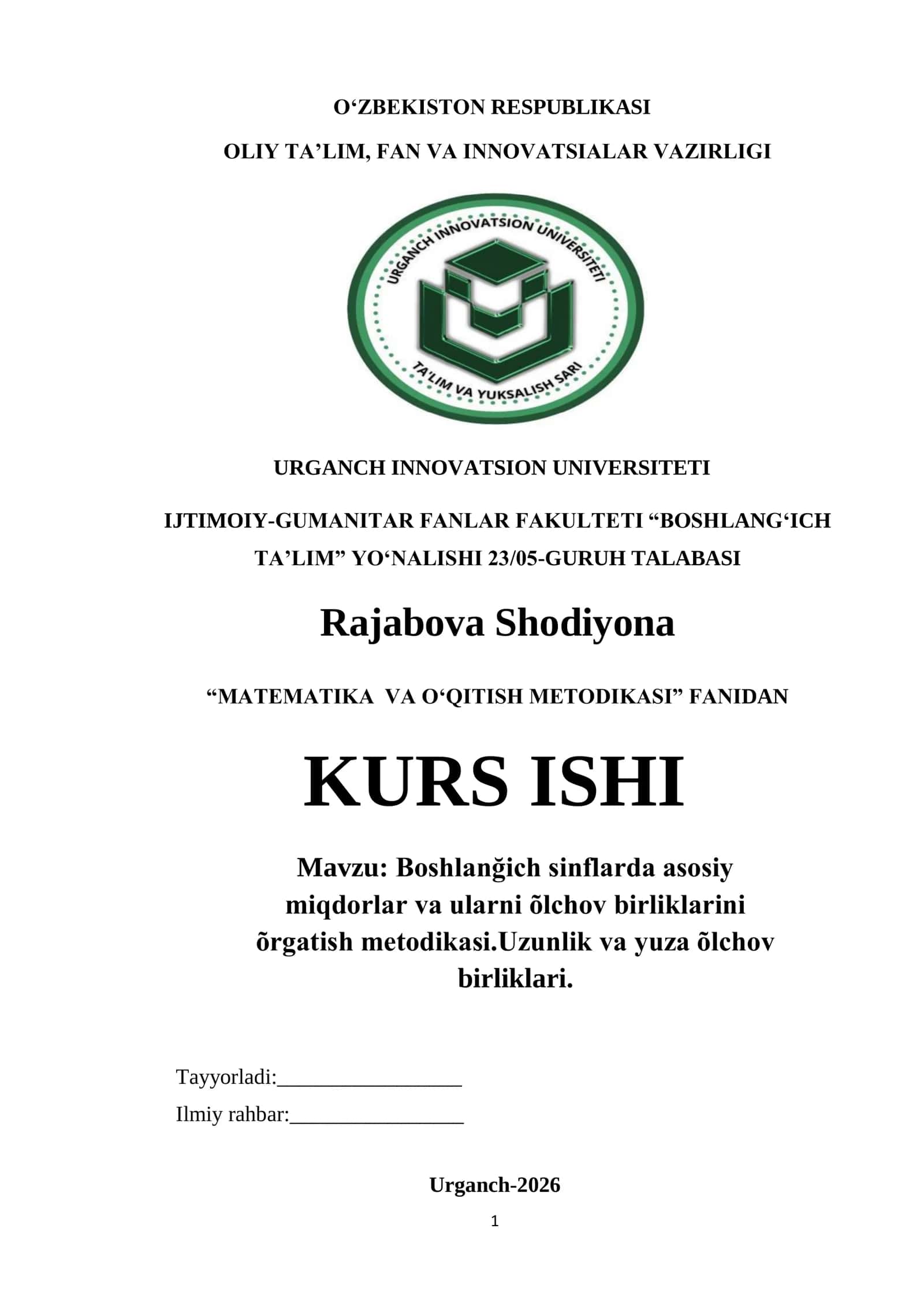 Boshlanğich sinflarda asosiy miqdorlar va ularni õlchov birliklarini õrgatish metodikasi.Uzunlik va yuza õlchov birliklari 1