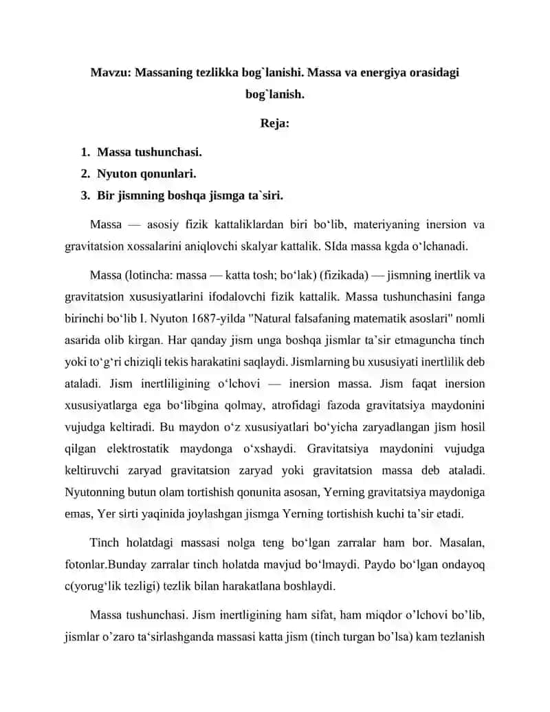Massa va energiya orasidagi bog`lanish 1