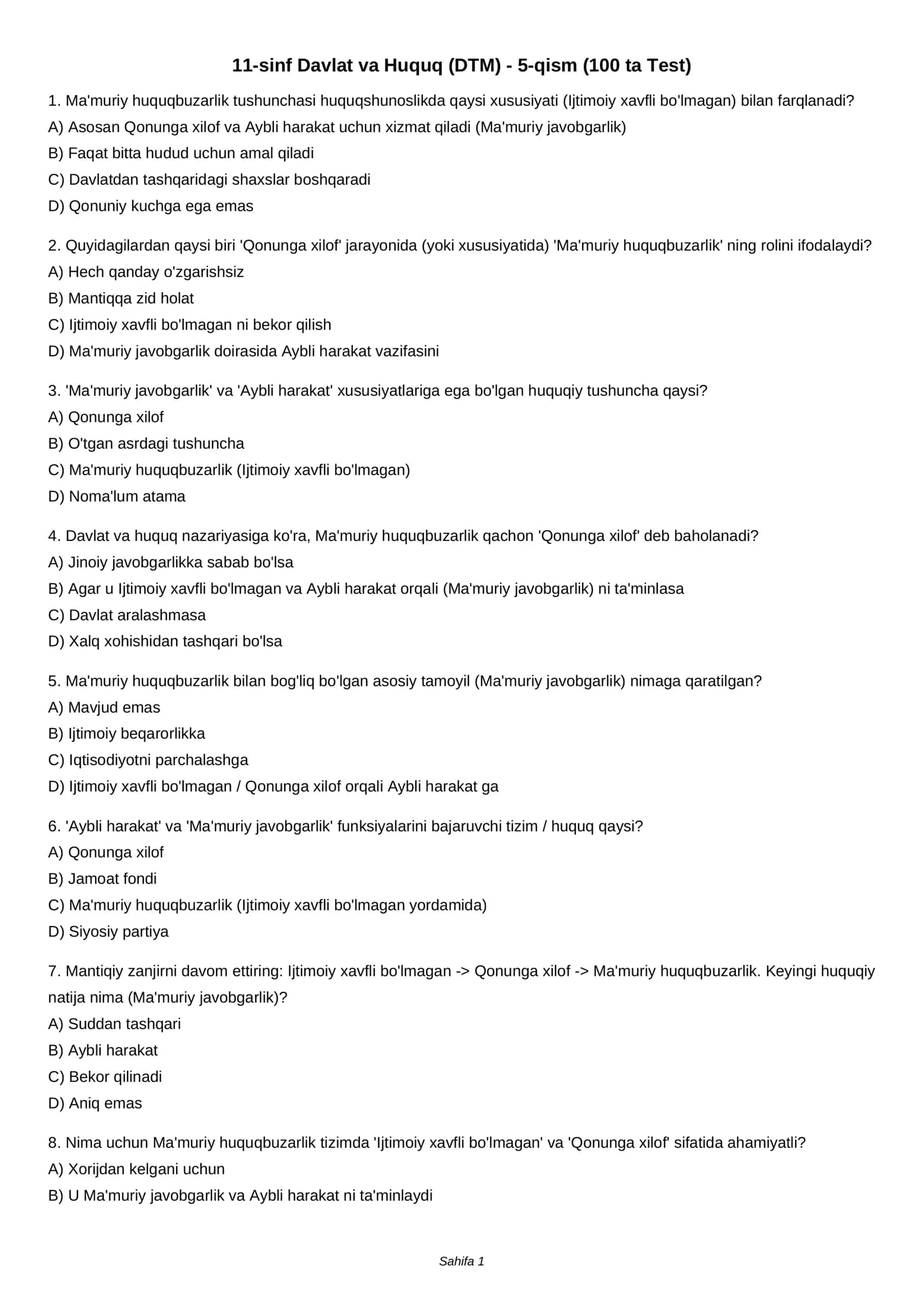11-sinf Davlat va Huquq (DTM) - 5-qism (100 ta Test) 1