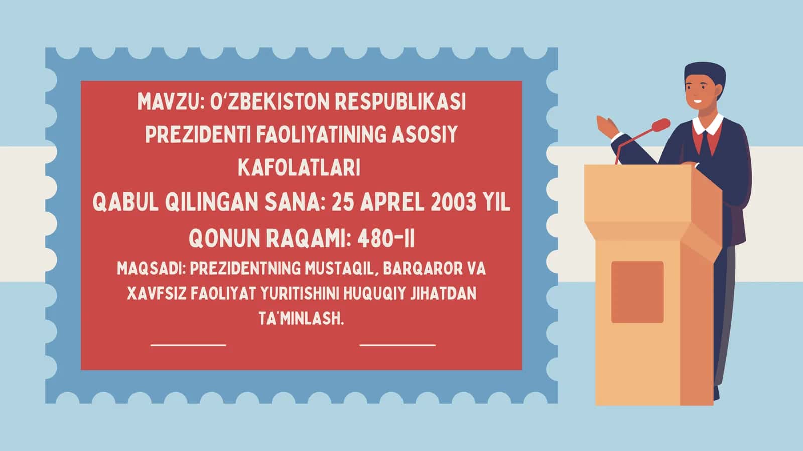 OʻZBEKISTON RESPUBLIKASI PREZIDENTI FAOLIYATINING ASOSIY KAFOLATLARI QABUL QILINGAN SANA 25 APREL 2003 YIL QONUN RAQAMI 480-II 1