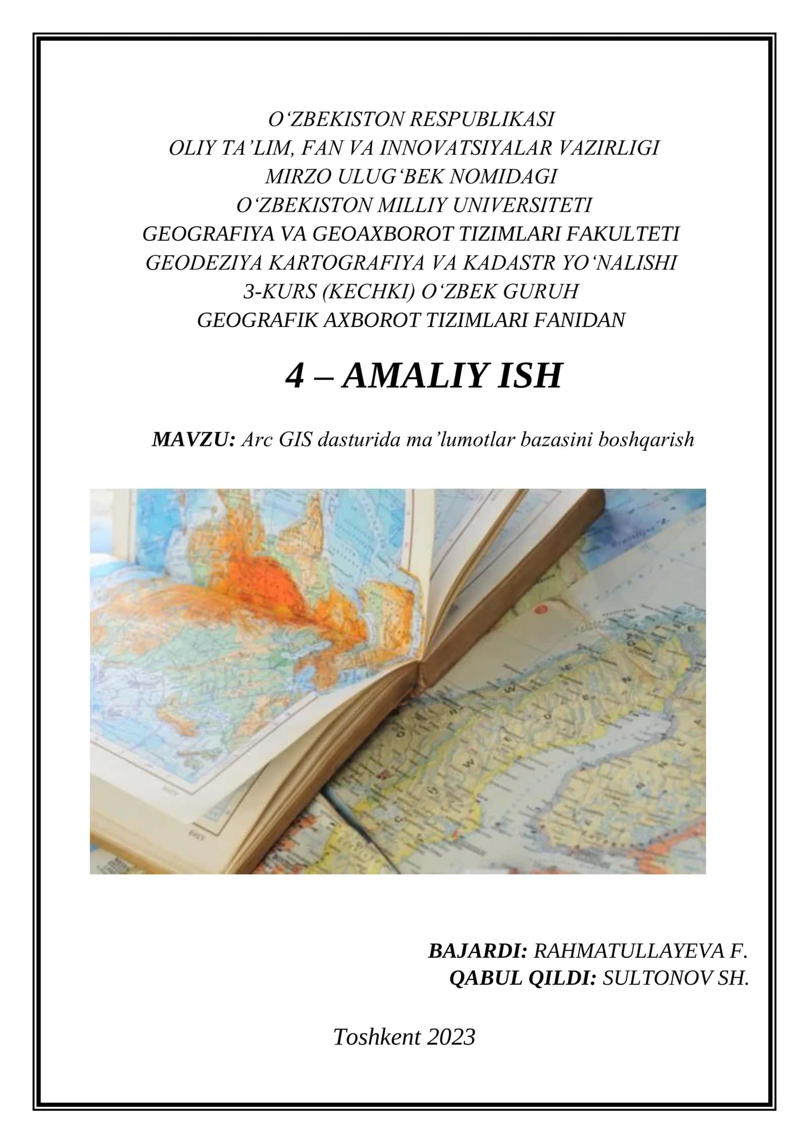 Arc GIS dasturida ma’lumotlar bazasini boshqarish 1