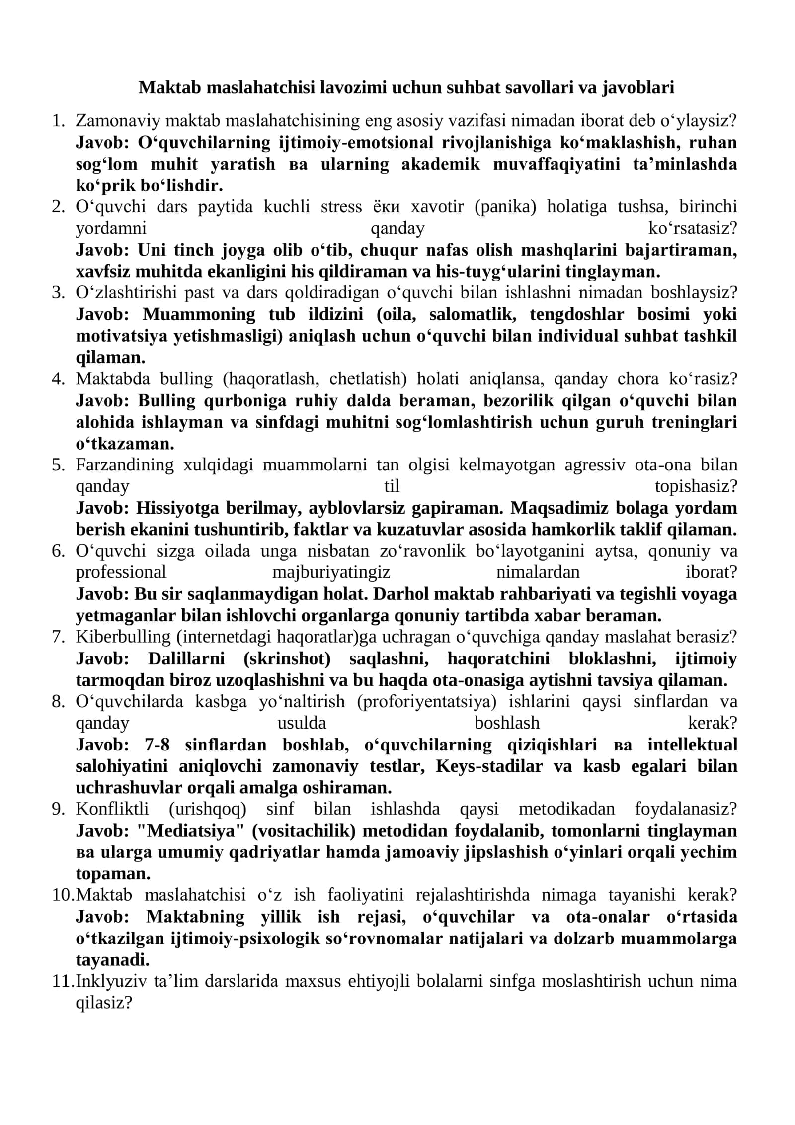 Maktab maslahatchisi lavozimi uchun suhbat savollari va javoblari 1-variant 1