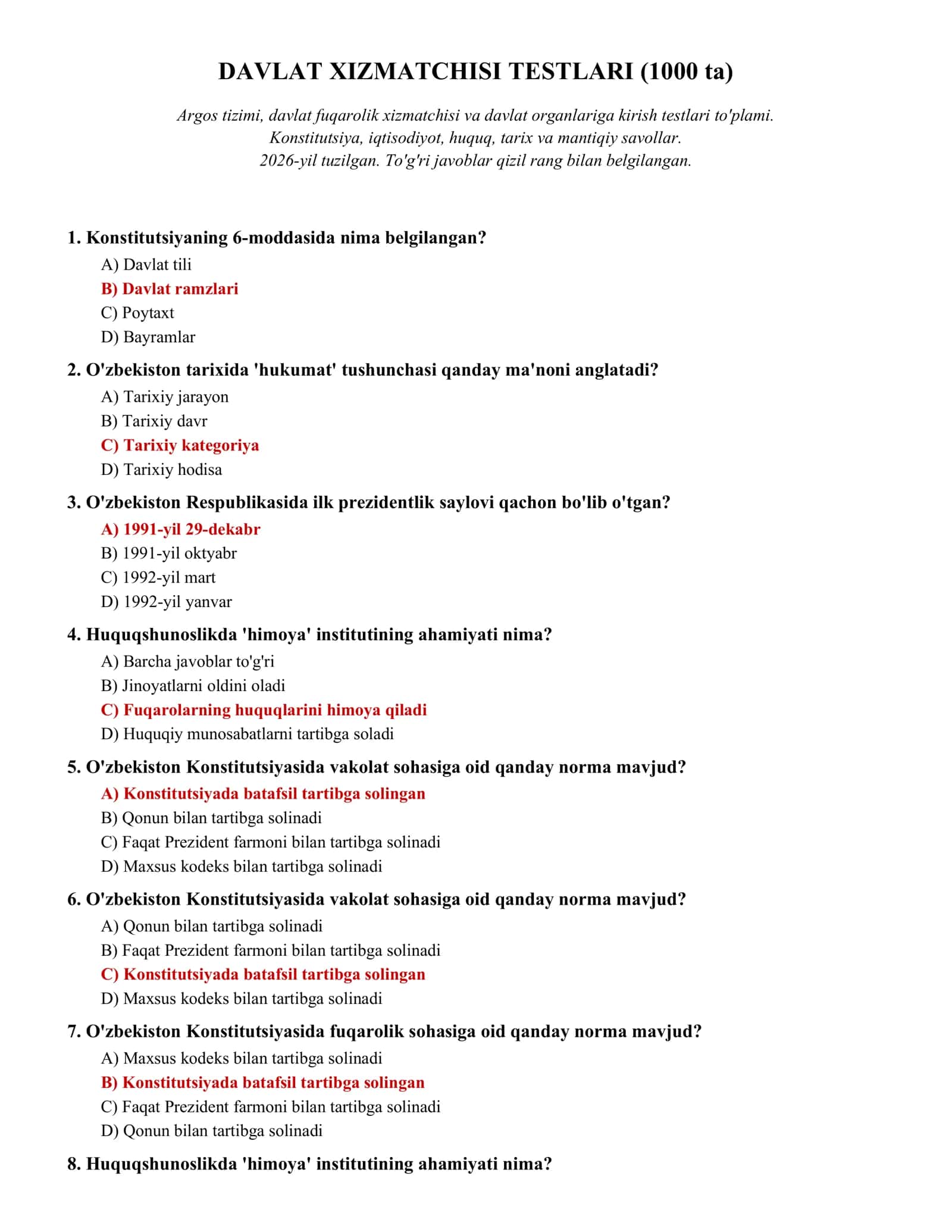DAVLAT XIZMATCHISI TESTLARI (1000 ta) 1