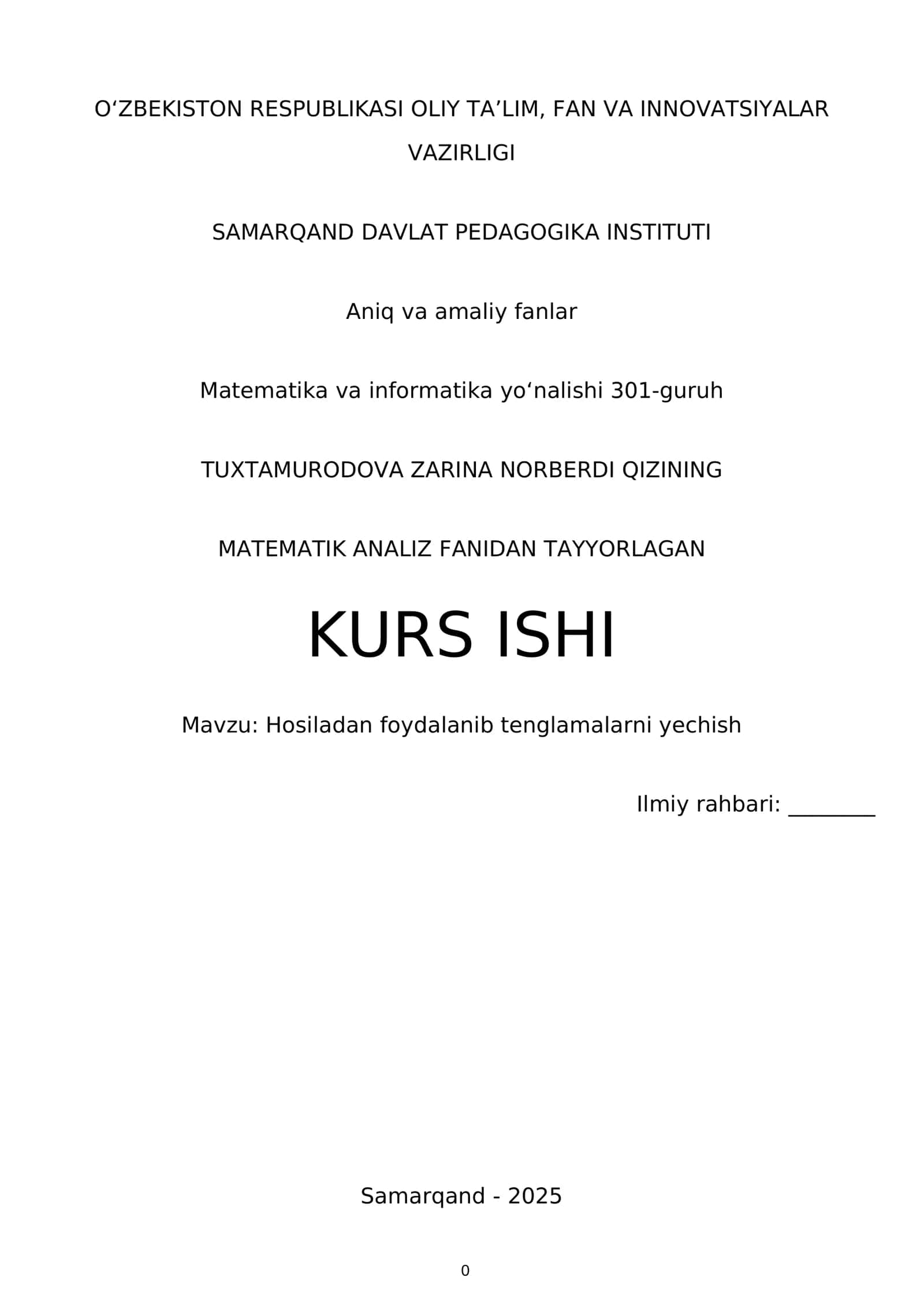 Kurs Işi: Hosiladan foydalanib tenglamalarni yechish 1
