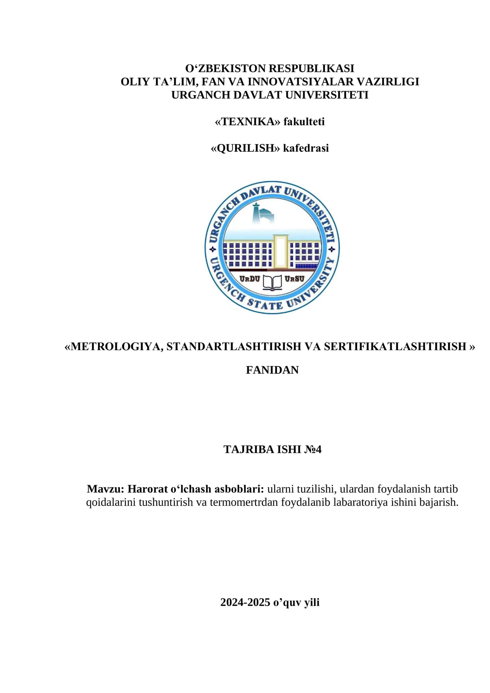 Harorat o‘lchash asboblari: ularni tuzilishi, ulardan foydalanish tartib qoidalarini tushuntirish va termomertrdan foydalanib labaratoriya ishini bajarish 1