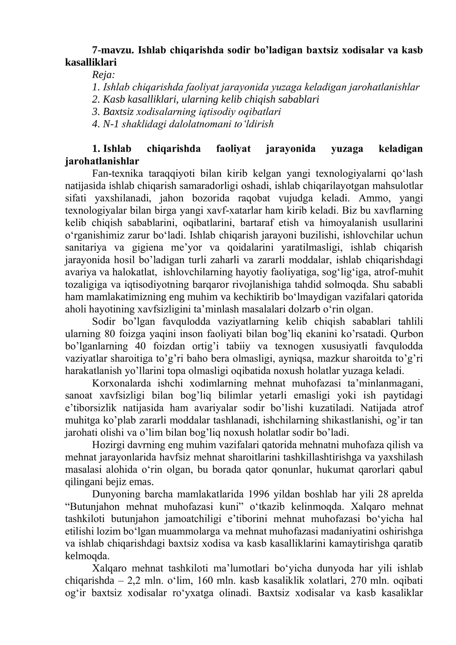 Ishlab chiqarishda sodir bo’ladigan baxtsiz xodisalar va kasb kasalliklari 1