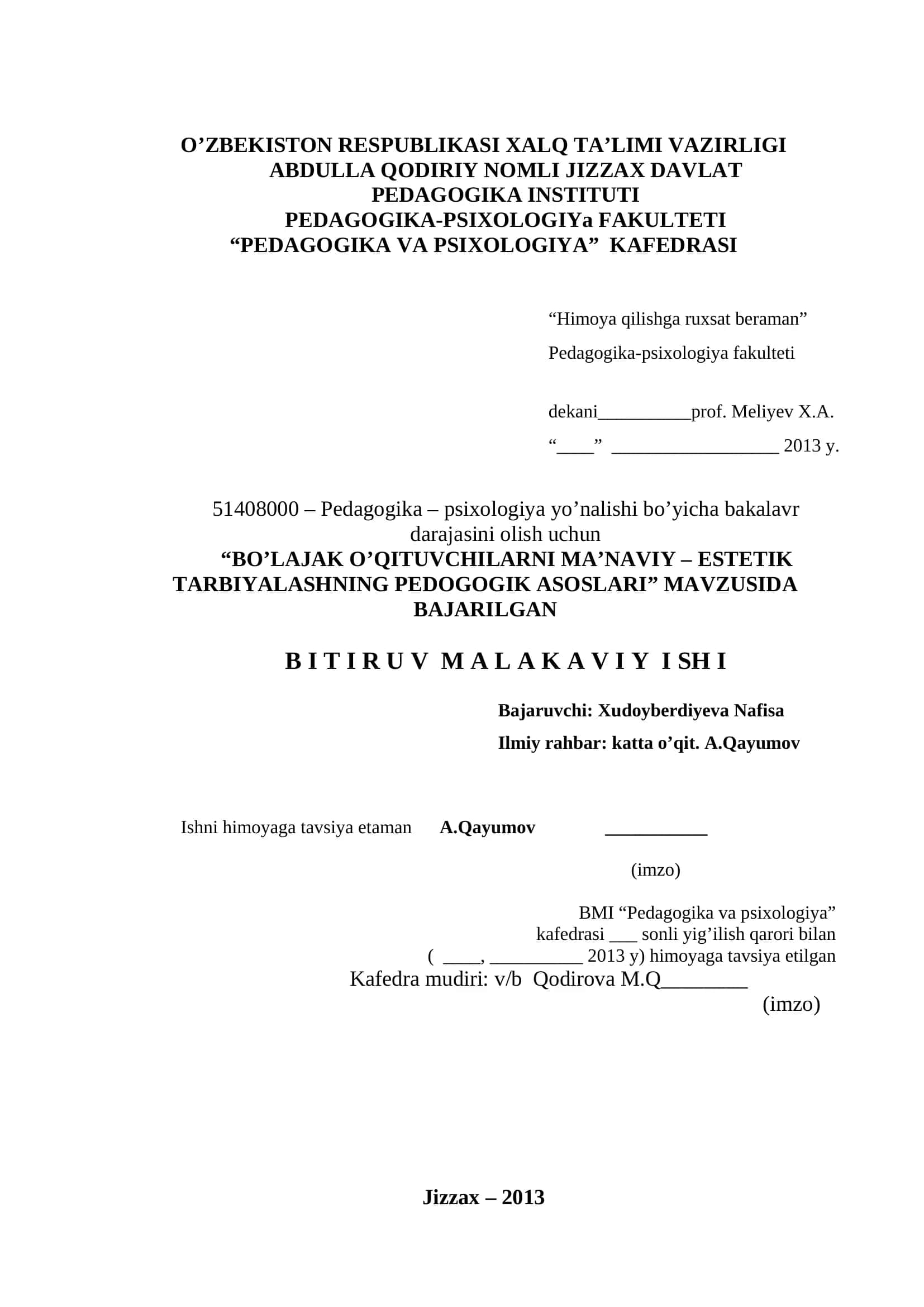 BO’LAJAK O’QITUVCHILARNI MA’NAVIY – ESTETIK TARBIYALASHNING PEDOGOGIK ASOSLARI 1
