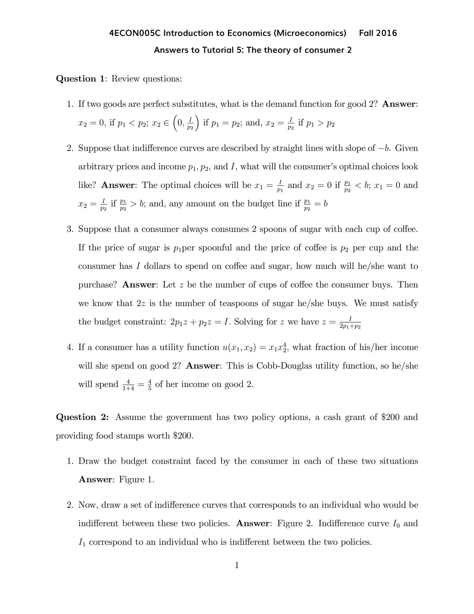 Answers to Tutorial 5: The theory of consumer 2 1