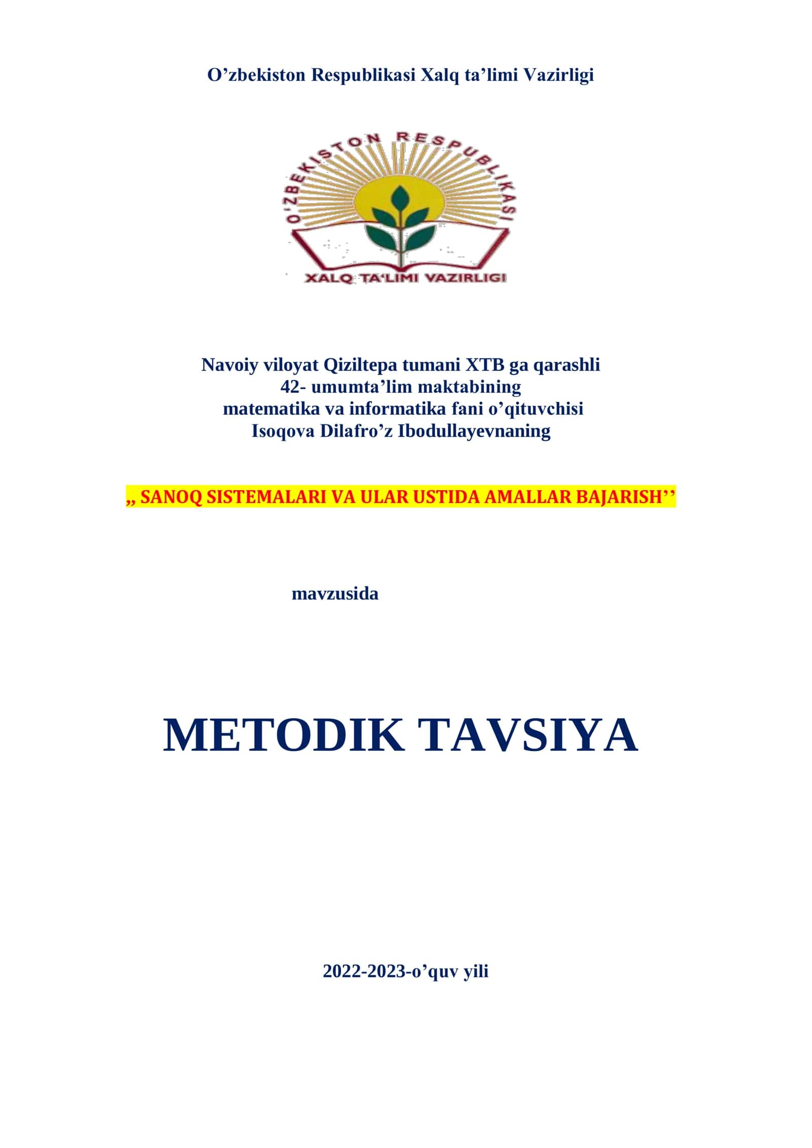 7-sinf Informatika fanidan Sanoq sistemalari va ular ustida amallar bajarish 1
