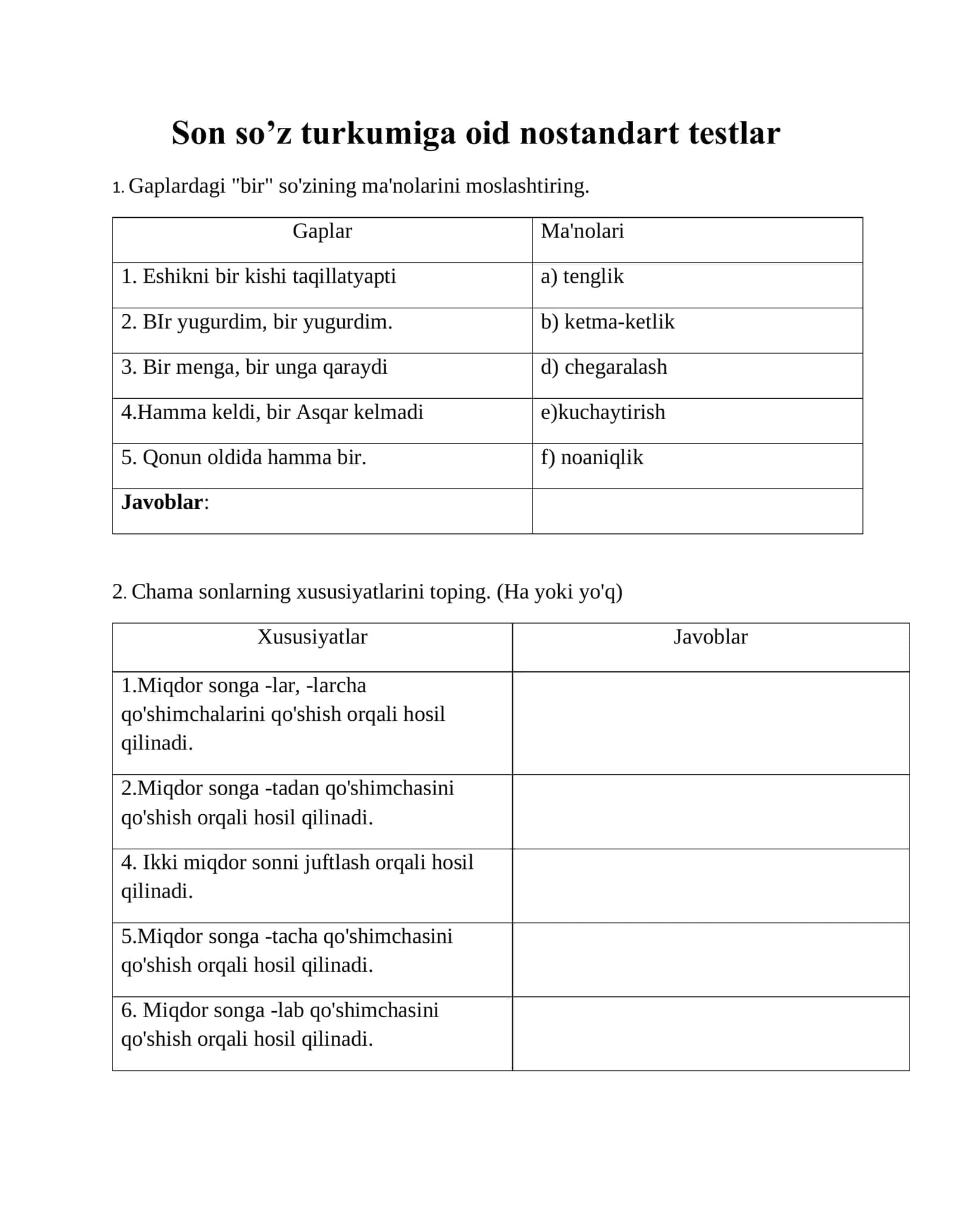 Son so'z turkumiga oid nostandart testlar 1