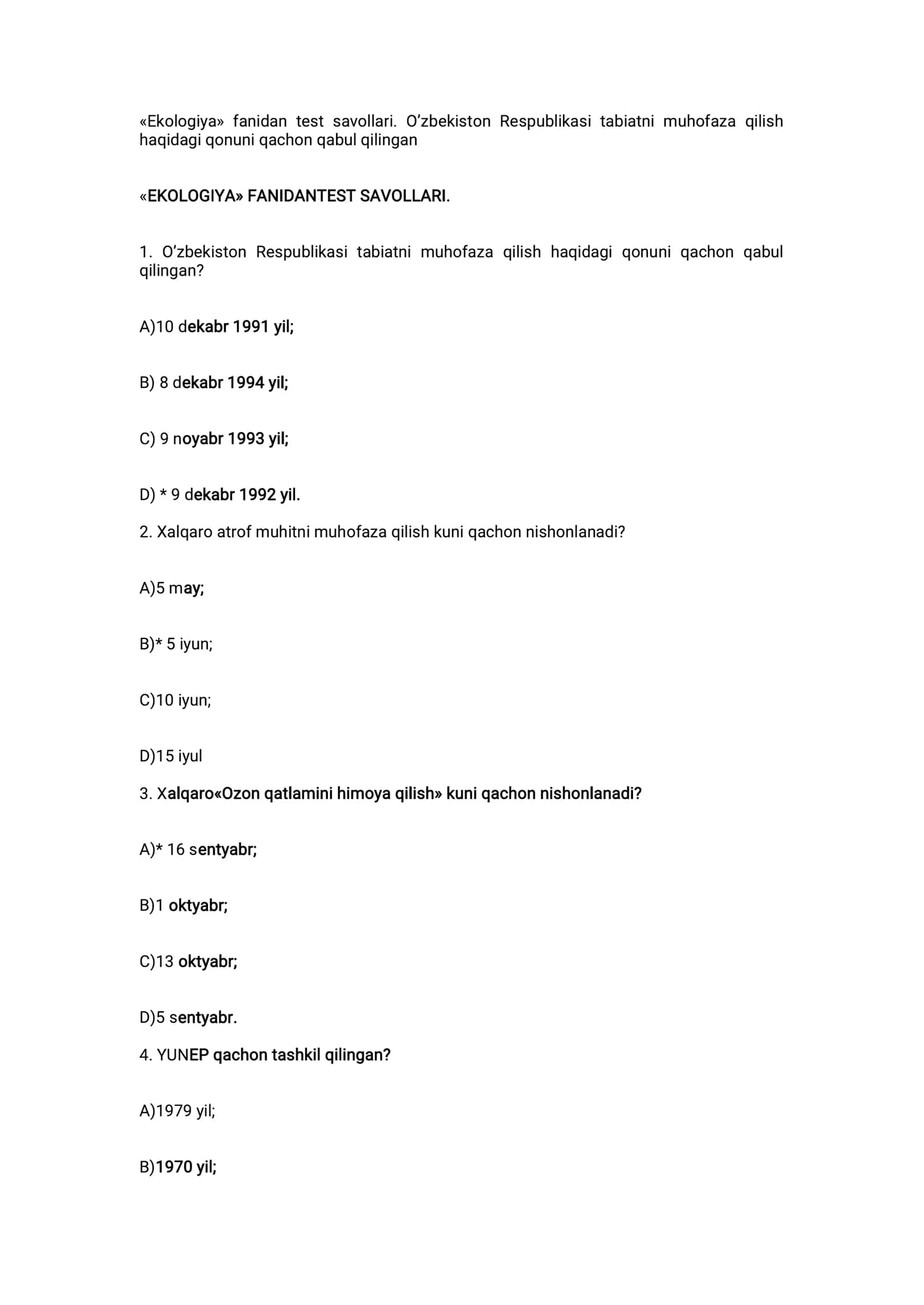 Ekologiya fanidan test savollari 1