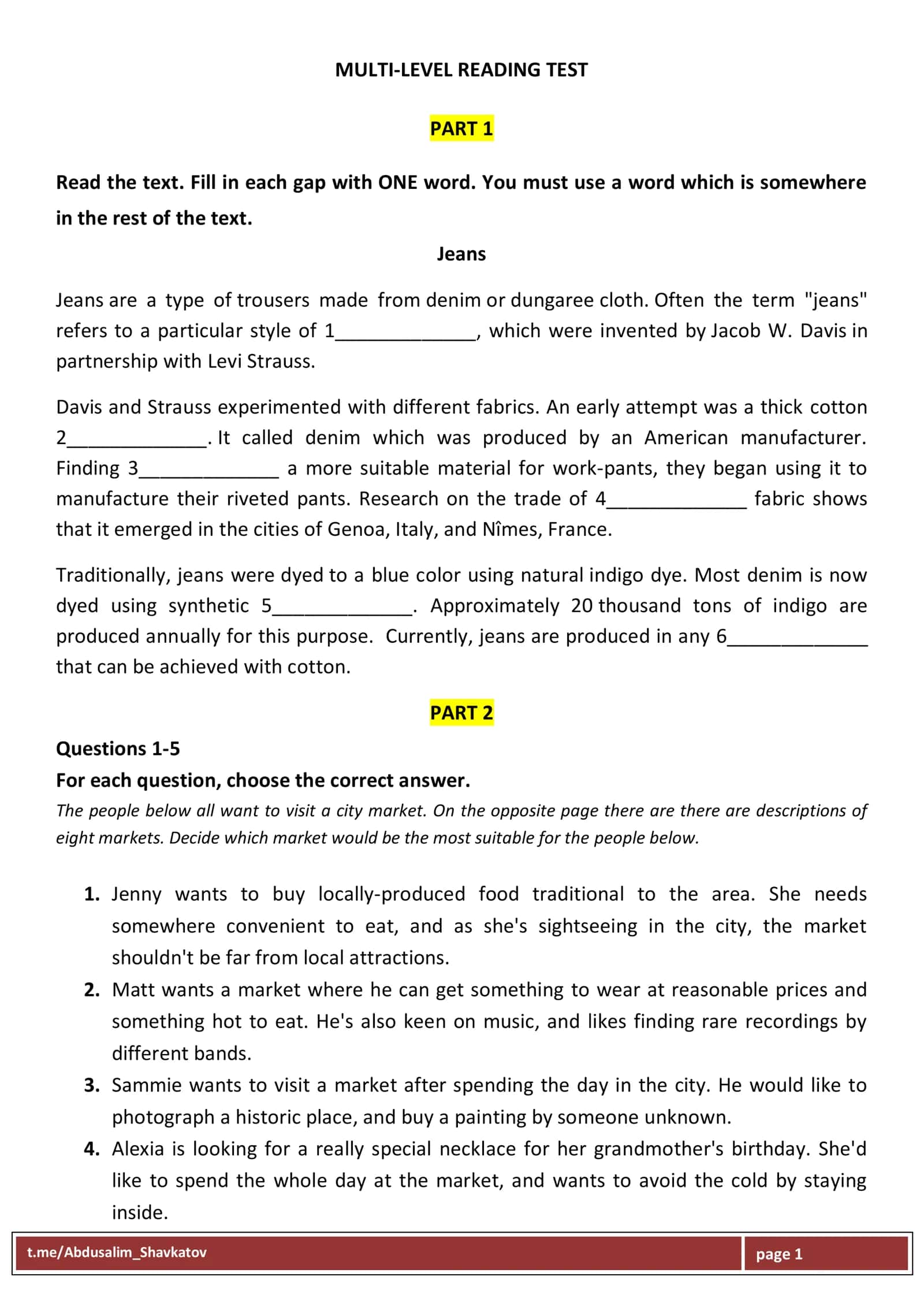 MULTI-LEVEL READING TEST 1
