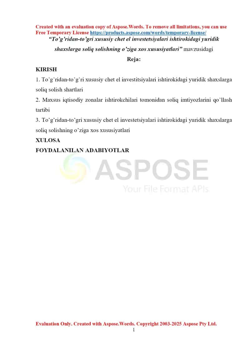 To’g’ridan-to’g’ri xususiy chet el investitsiyalari ishtirokidagi yuridik shaxslarga soliq solishning o’ziga xos xususiyatlari 1