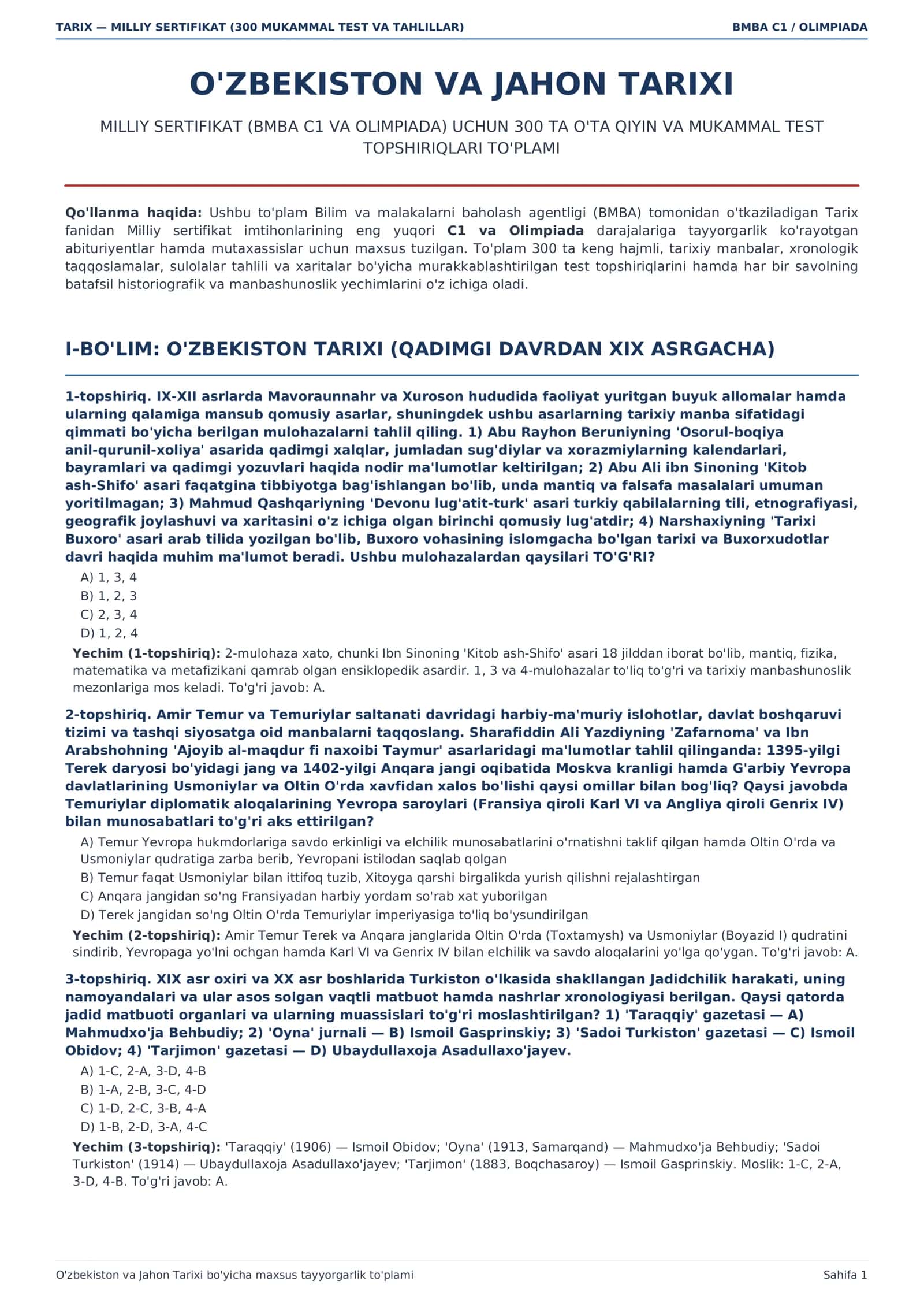 TARIX — MILLIY SERTIFIKAT (300 MUKAMMAL TEST VA TAHLILLAR) 1