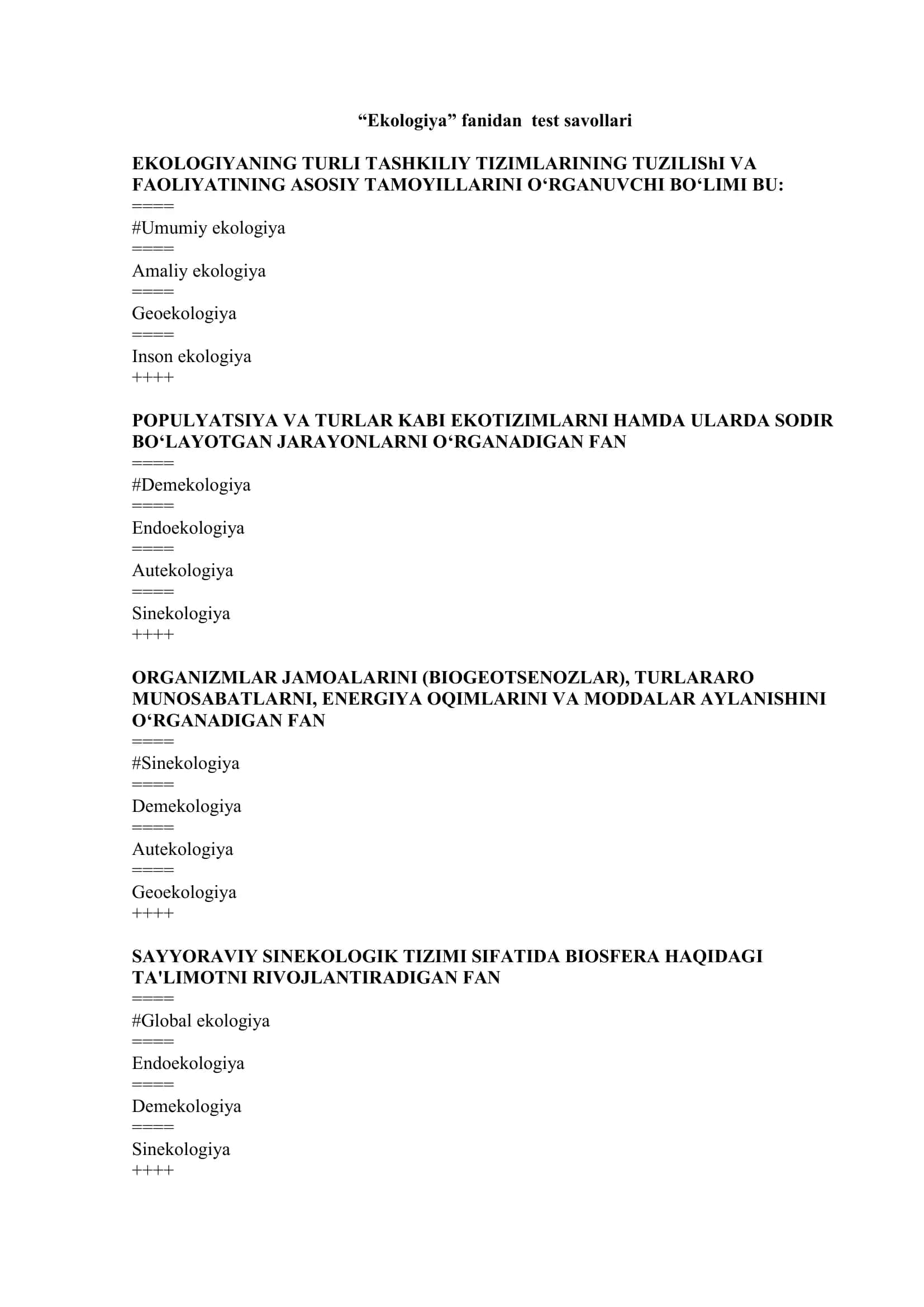 Ekologiya fanidan test savollari 1