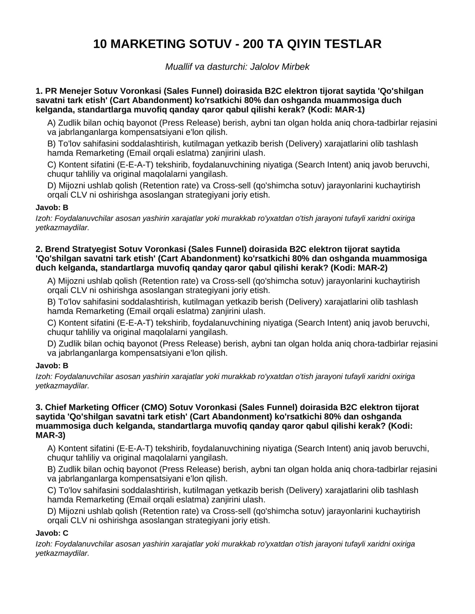 10 MARKETING SOTUV - 200 TA QIYIN TESTLAR 1