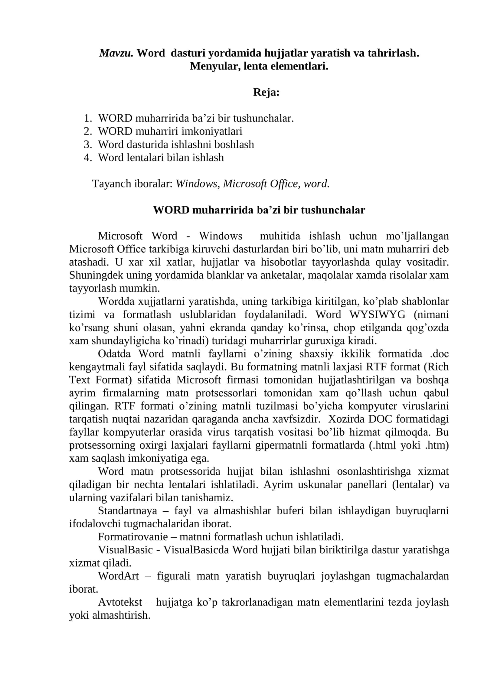 Word dasturi yordamida hujjatlar yaratish va tahrirlash. Menyular, lenta elementlari 1