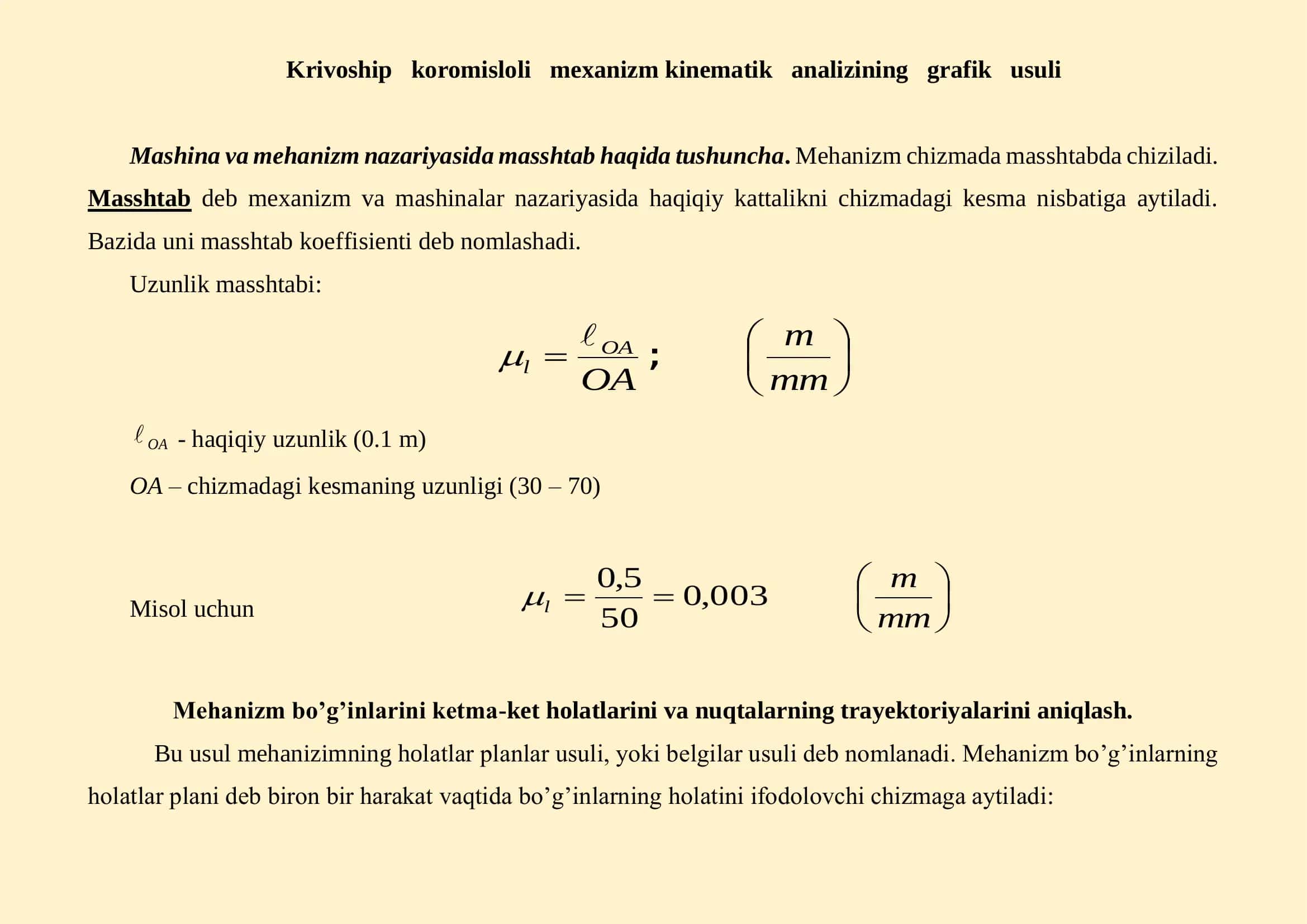 Krivoship koromisloli mexanizm kinematik analizining grafik usuli 1
