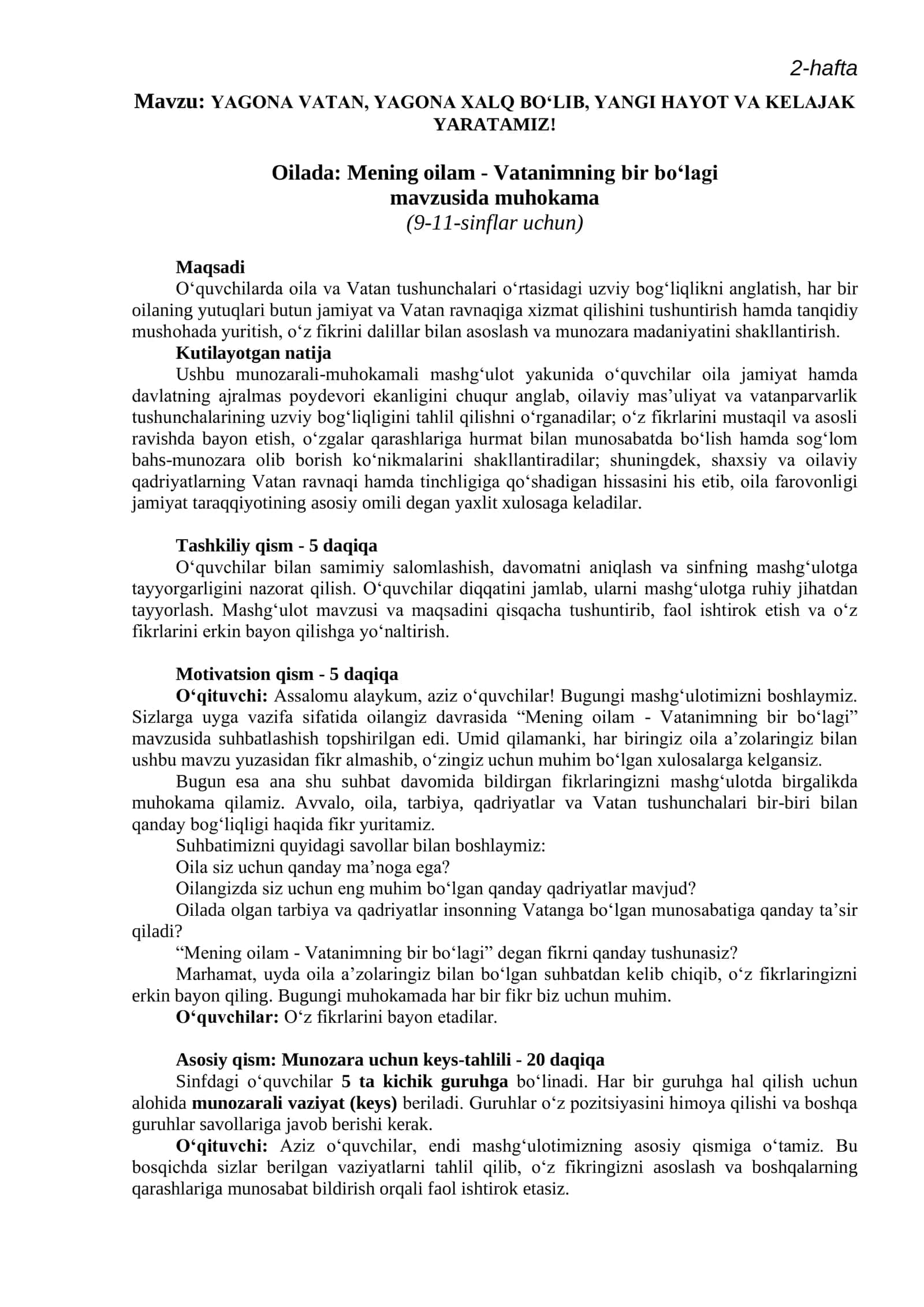 YAGONA VATAN, YAGONA XALQ BO‘LIB, YANGI HAYOT VA KELAJAK YARATAMIZ 1