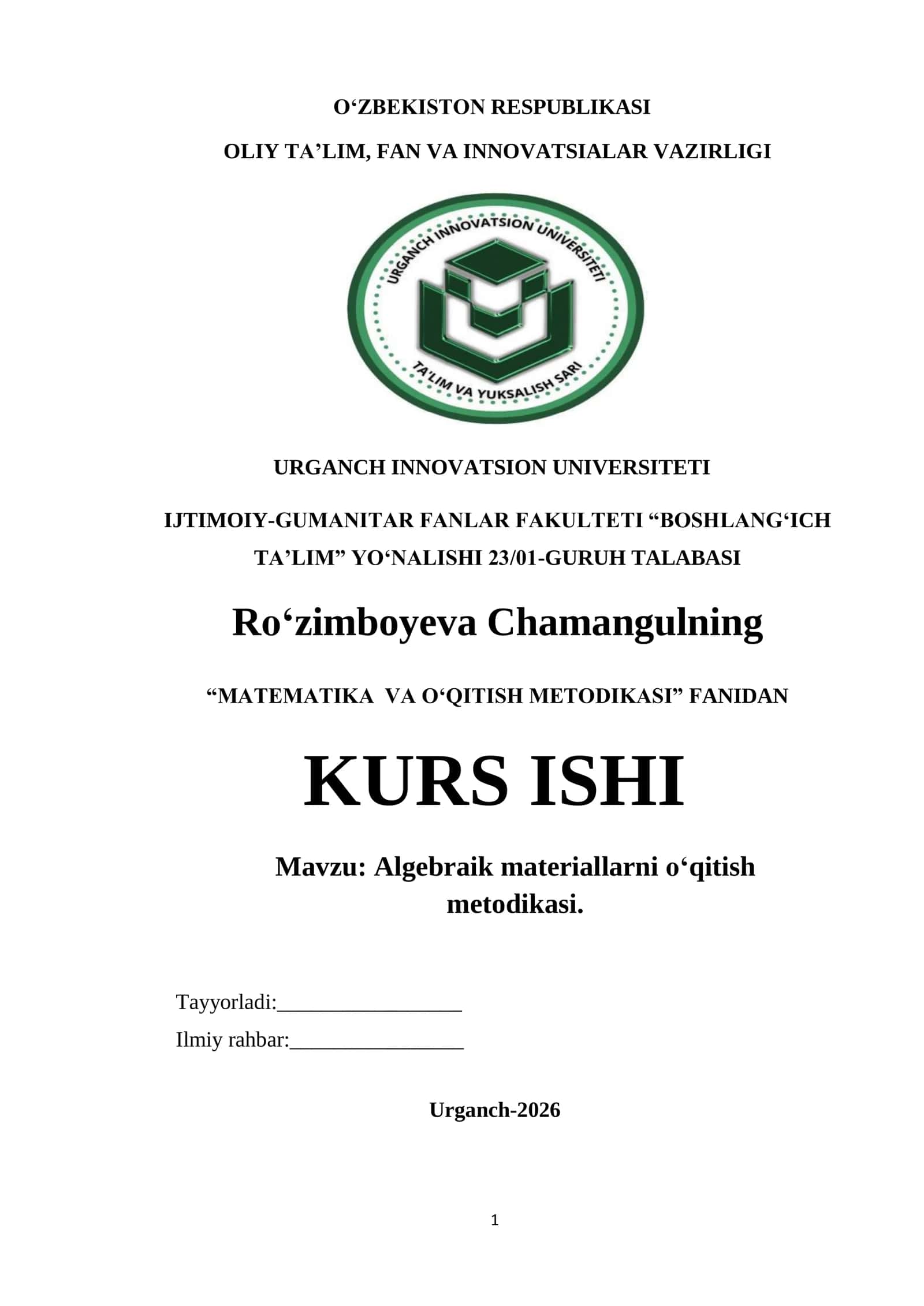 Algebraik materiallarni o‘qitish metodikasi 1