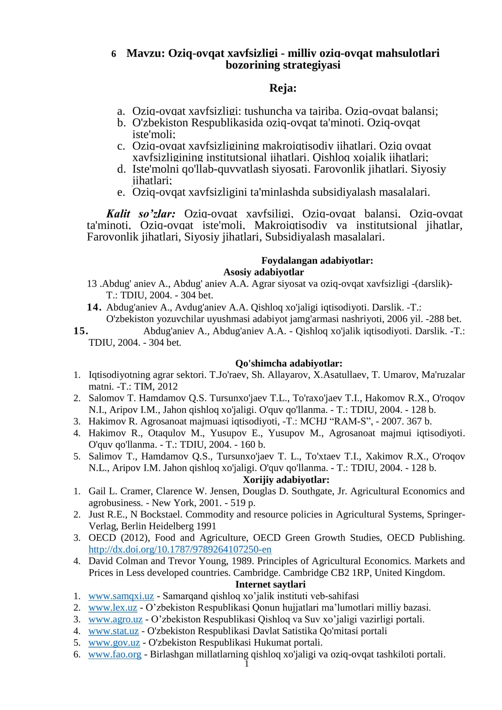 Oziq-ovqat xavfsizligi - milliy oziq-ovqat mahsulotlari bozorining strategiyasi. referat 1