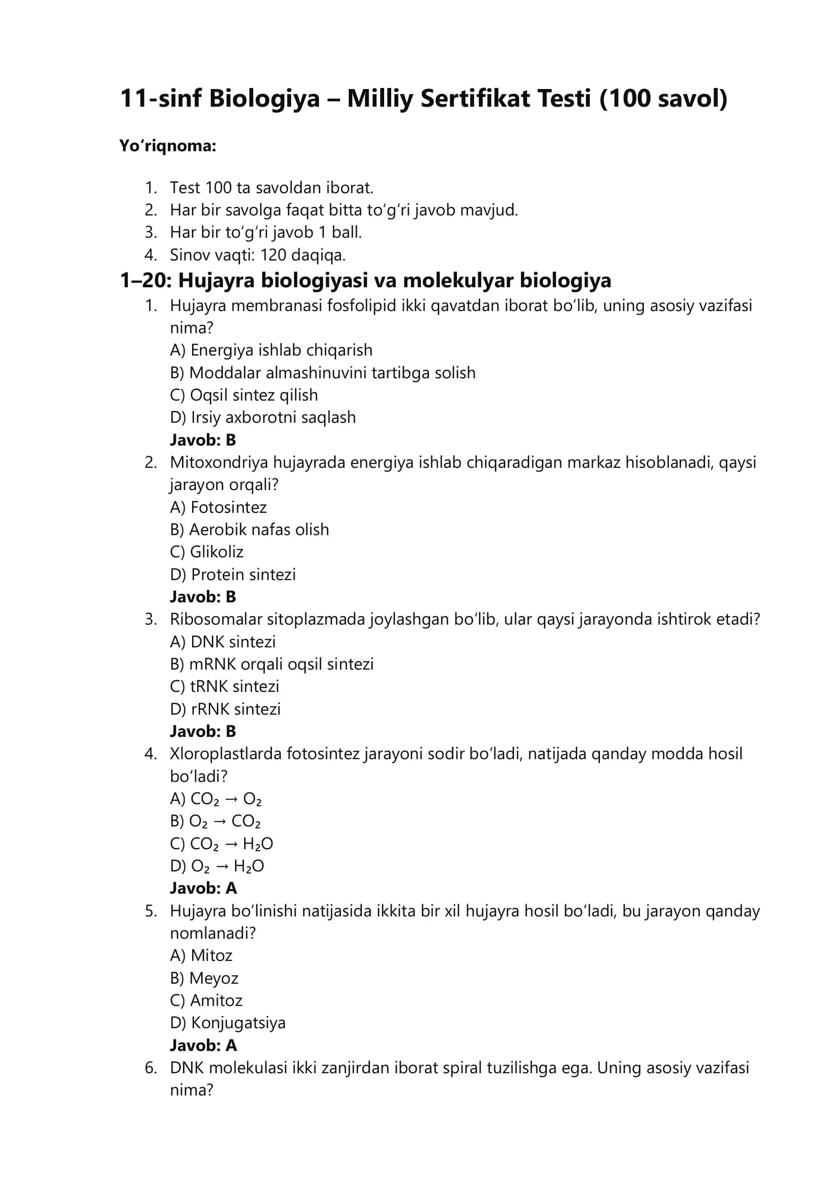 11-sinf Biologiya – Milliy Sertifikat Testi (100 savol) 1