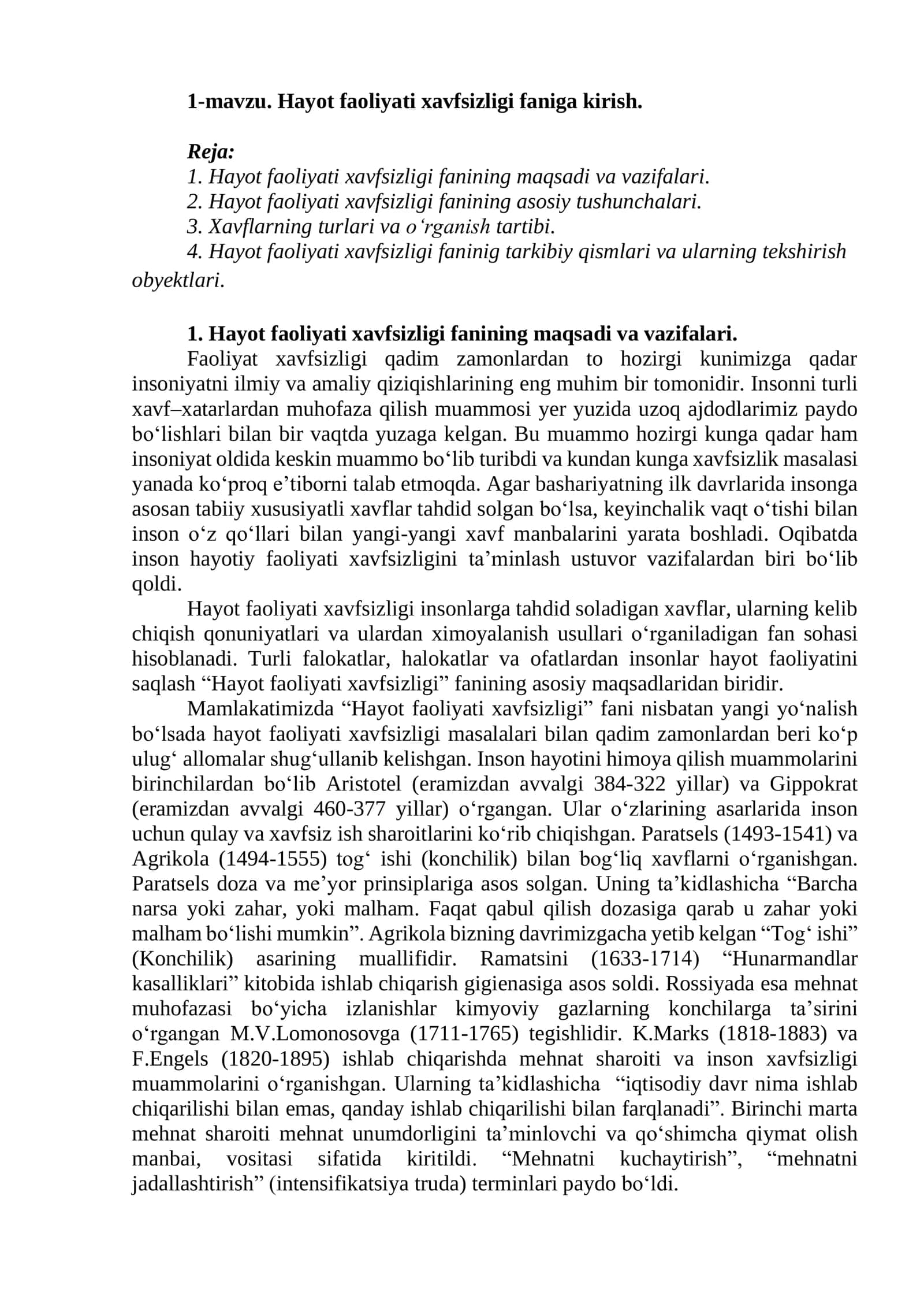 Hayot faoliyati xavfsizligi faniga kirish 1