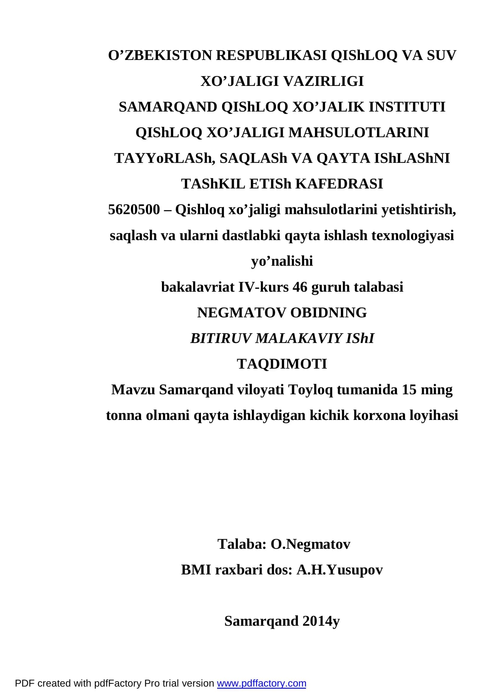 Qishloq xo’jaligi mahsulotlarini yetishtirish, saqlash va ularni dastlabki qayta ishlash texnologiyasi 1