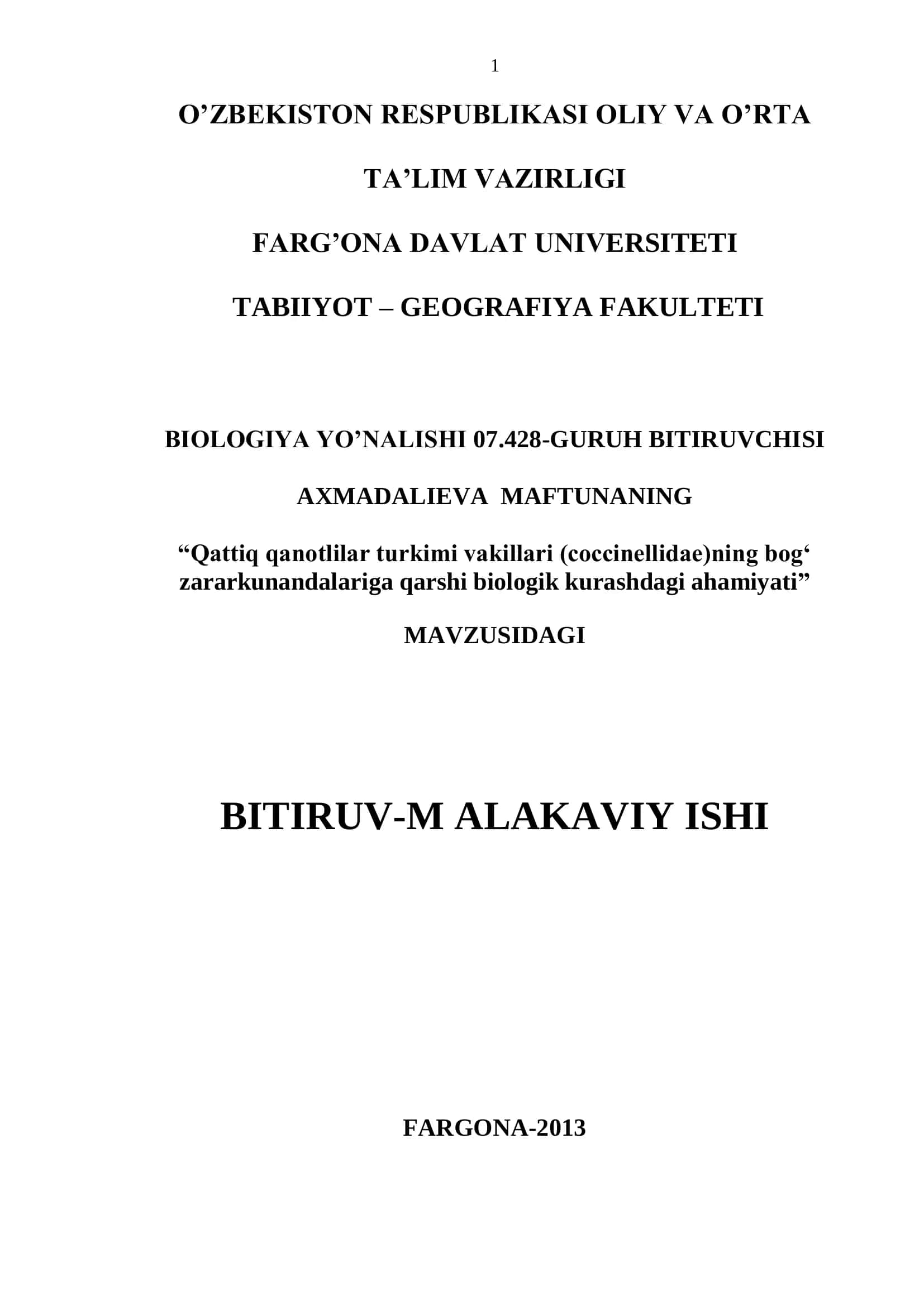 Qattiq qanotlilar turkimi vakillari (coccinellidae)ning bog„ zararkunandalariga qarshi biologik kurashdagi ahamiyati 1