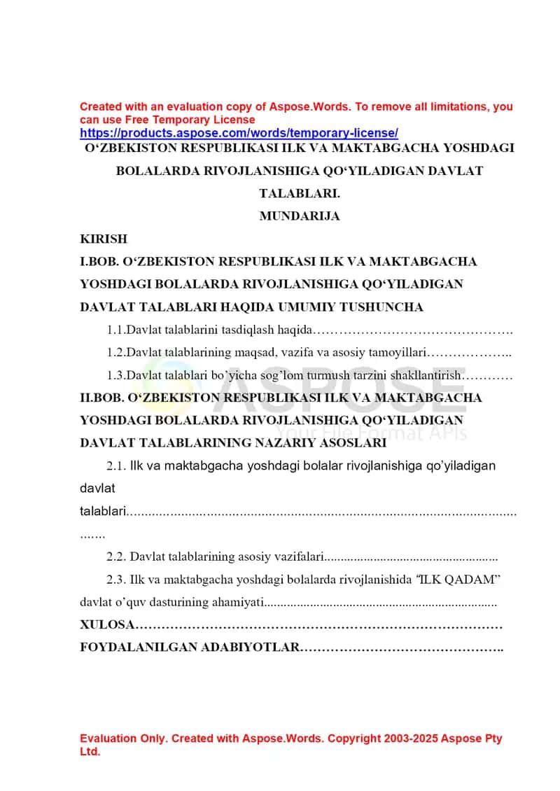 O‘zbekiston Respublikasi ilk va maktabgacha yoshdagi bolalarda rivojlanishiga qo‘yiladigan davlat talablari (kurs ishi) 1